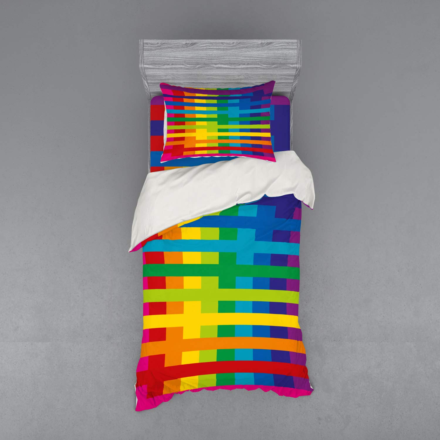 Ambesonne Rainbow Duvet Cover Set - Vibrant Geometric Print 3-Piece Twin XL Bedding with Sham & Fitted Sheet | Colorful Kids Room Decor, Teen Bedroom Upgrade, Dorm Essentials for College Students