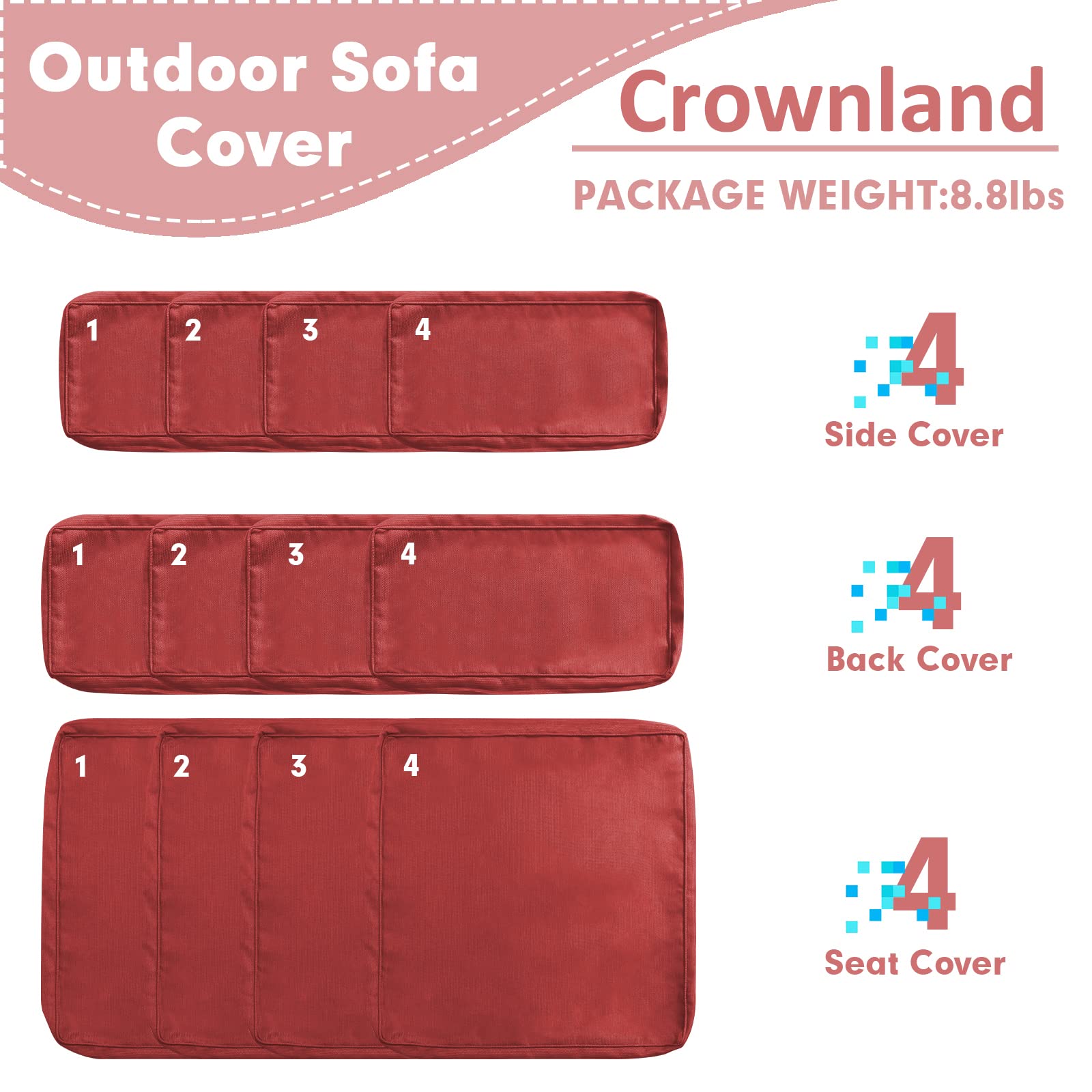 **Crownland 12-Piece Outdoor Patio Cushion Slipcovers Set - Waterproof Sofa & Couch Covers with Zipper Design (Red) - Includes 4 Seat Covers, Back Covers & Side Cushions - Perfect for Garden, Deck, Poolside & Patio Furniture Replacement**