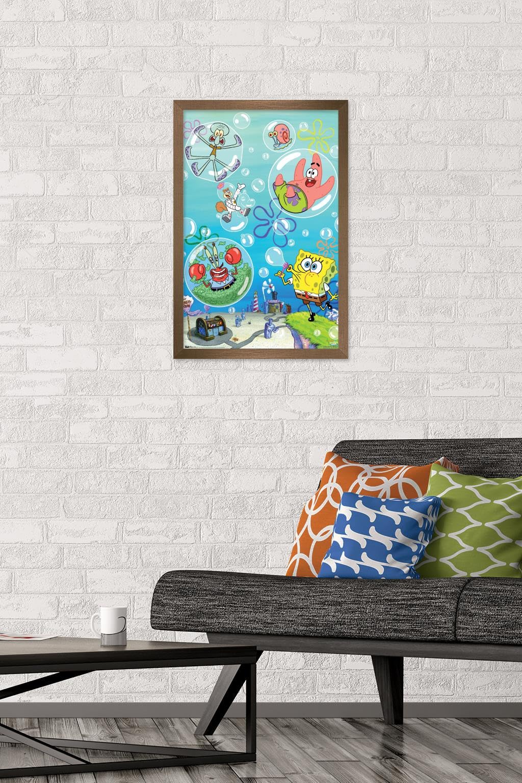Nickelodeon SpongeBob SquarePants Bubbles Wall Poster - 14.725 x 22.375 Inches, Bronze Framed Art Print - Perfect for Kids' Room Decor, Classroom, or Cartoon Lover's Collection