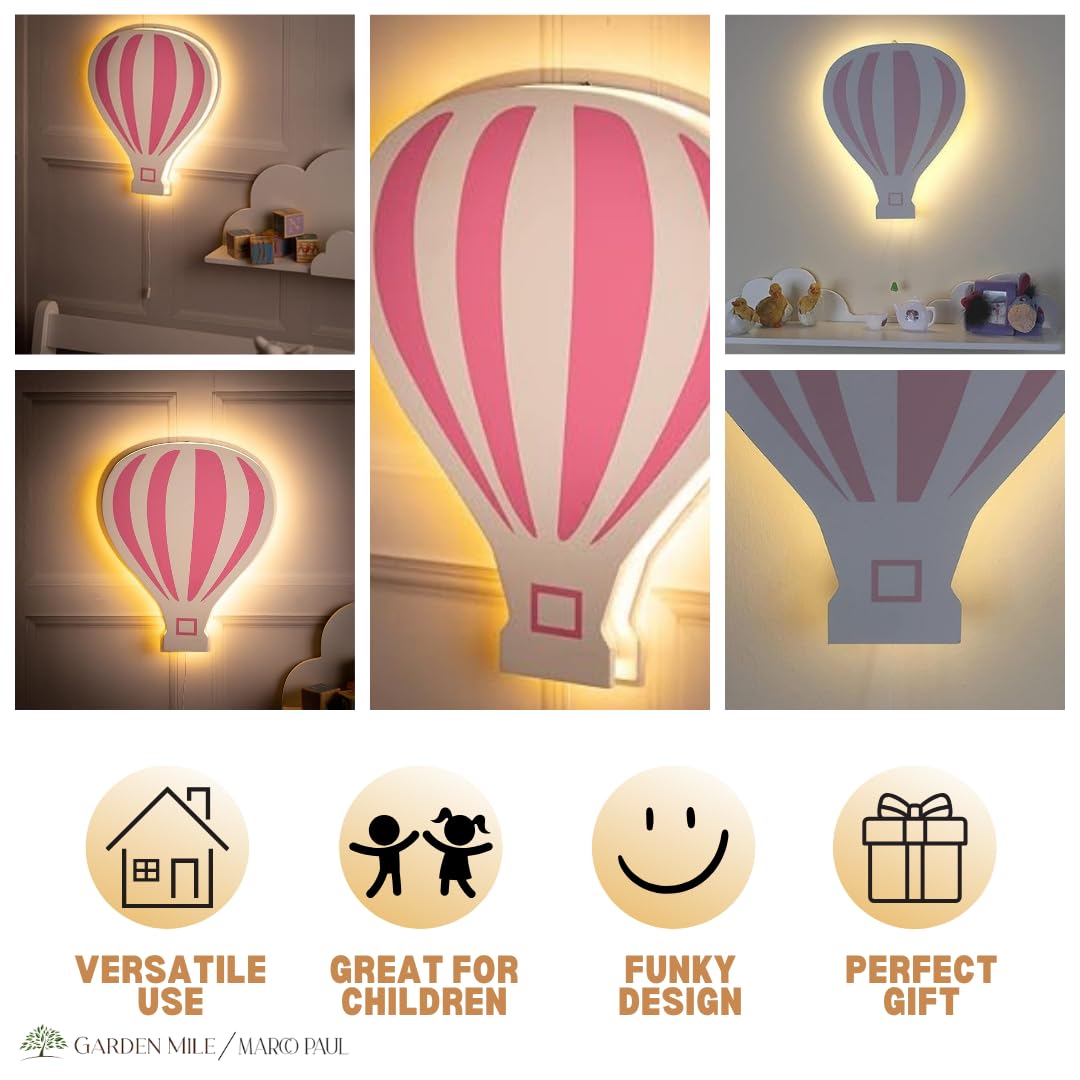 Marco Paul Modern Wooden White LED Night Light - Battery Powered Wall Mounted Nursery Lamp for Kids Room, Baby Gifts & Bedroom Decor - Perfect for Night Feedings, Bedside Lighting & Nursery Wall Decor (Pink Hot Air Balloon)