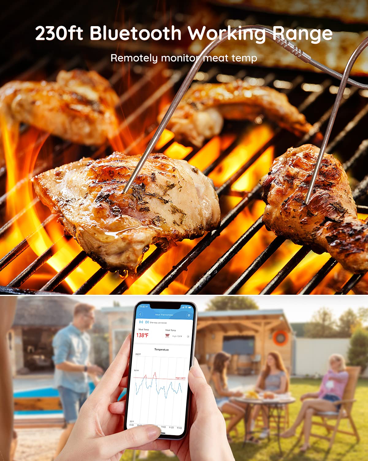 Govee Bluetooth Meat Thermometer - Wireless Grill Thermometer with 230ft Range, Digital Cooking Thermometer with Smart Alerts & Temperature Probe for BBQ, Smoker, Oven & Kitchen Use - Perfect for Grilling, Smoking, Baking & Roasting