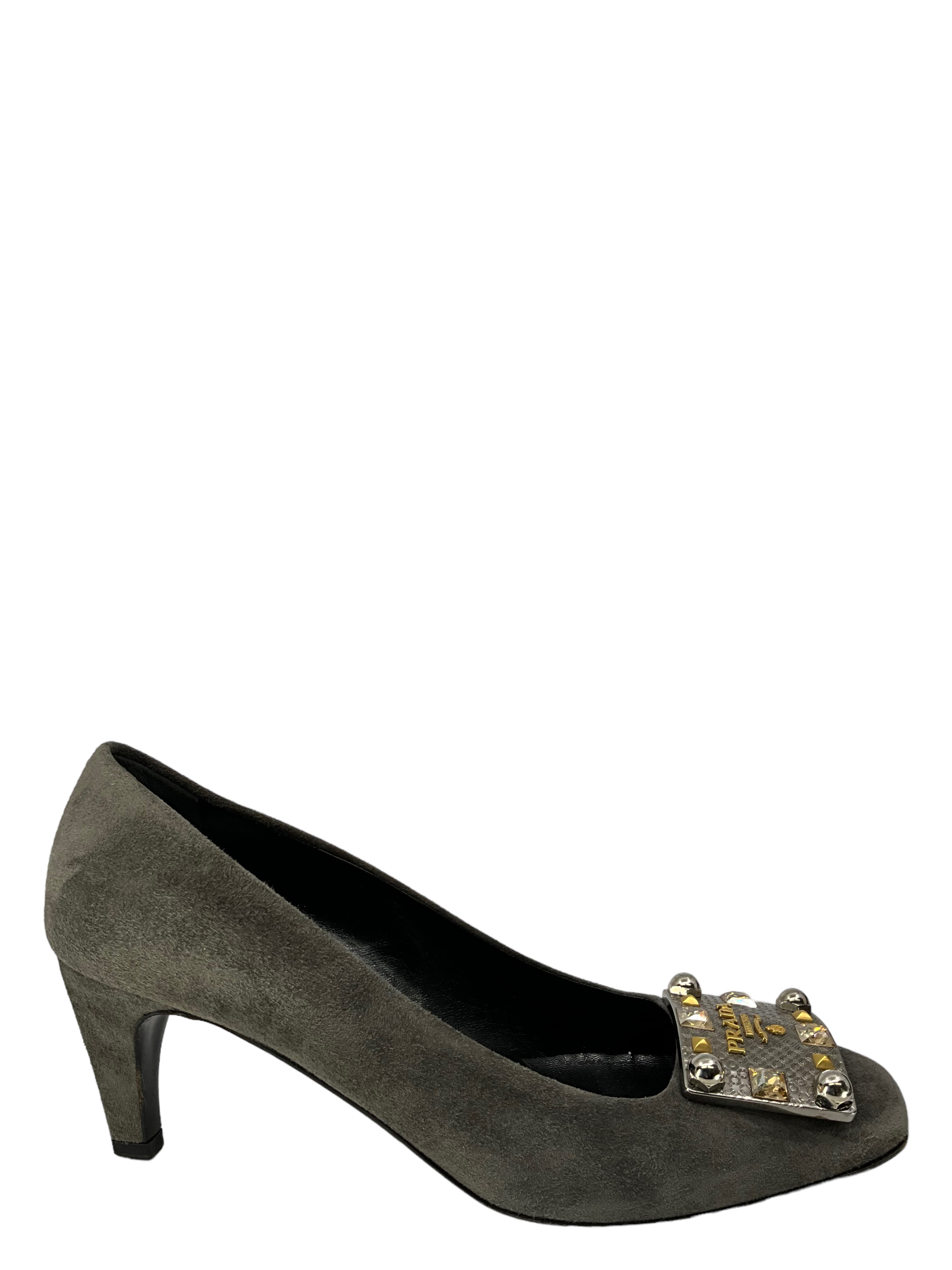 Prada Gray Suede Embellished Heels Women's Size 9 | Luxury Designer Pumps for Parties, Weddings & Formal Events