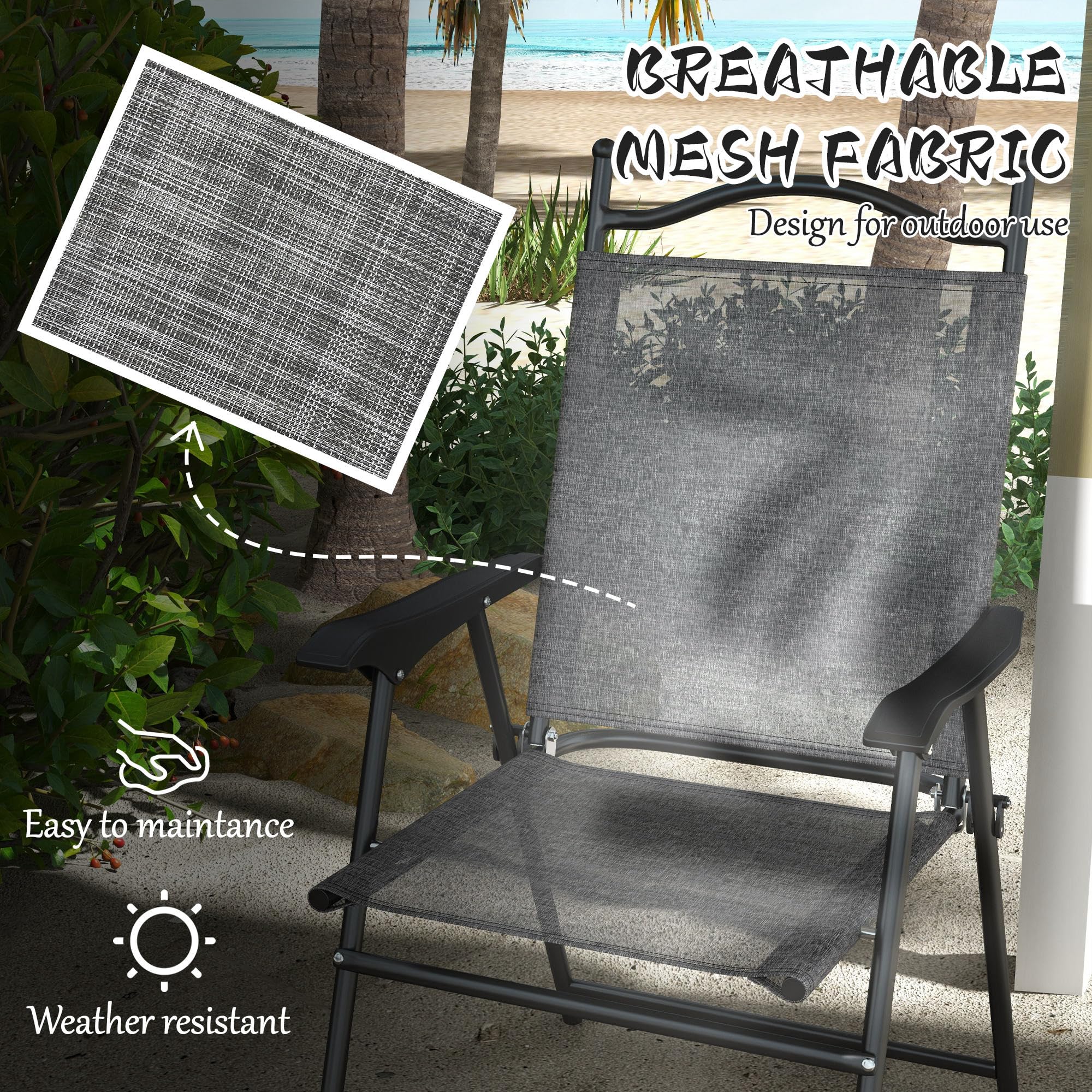Outsunny 4-Pack Folding Patio Chairs with Armrests - Breathable Mesh Camping Chairs for Adults, Outdoor Lawn, Beach, Picnic & Sports Events - Gray Portable Lounge Chairs