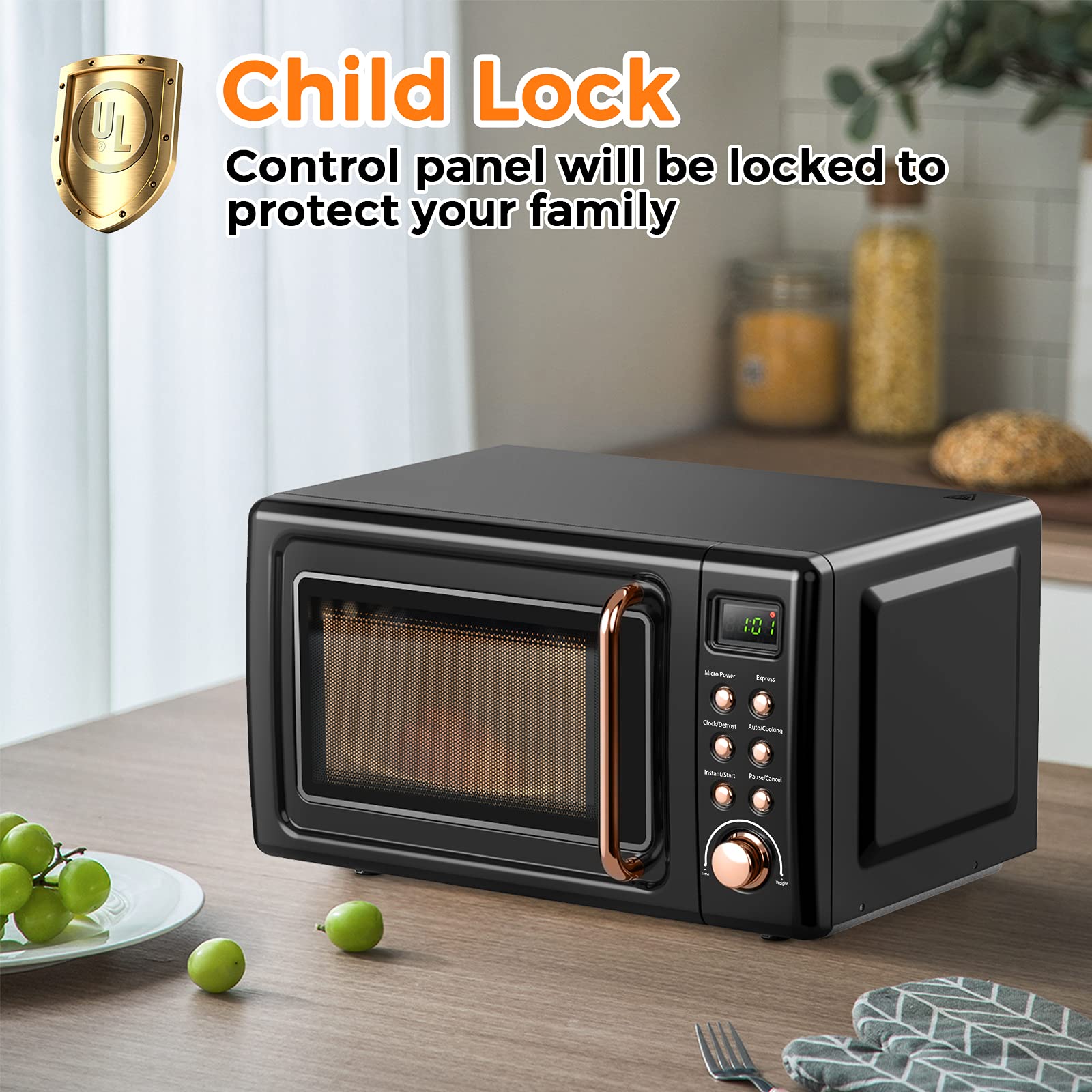 ARLIME 0.7Cu.ft 700W Small Retro Countertop Microwave Oven - 5 Power Levels, Auto Cooking & Defrost Functions, Stainless Steel Interior, LED Display - Perfect for Kitchen, RV, Dorm, Office & Small Spaces (Golden)