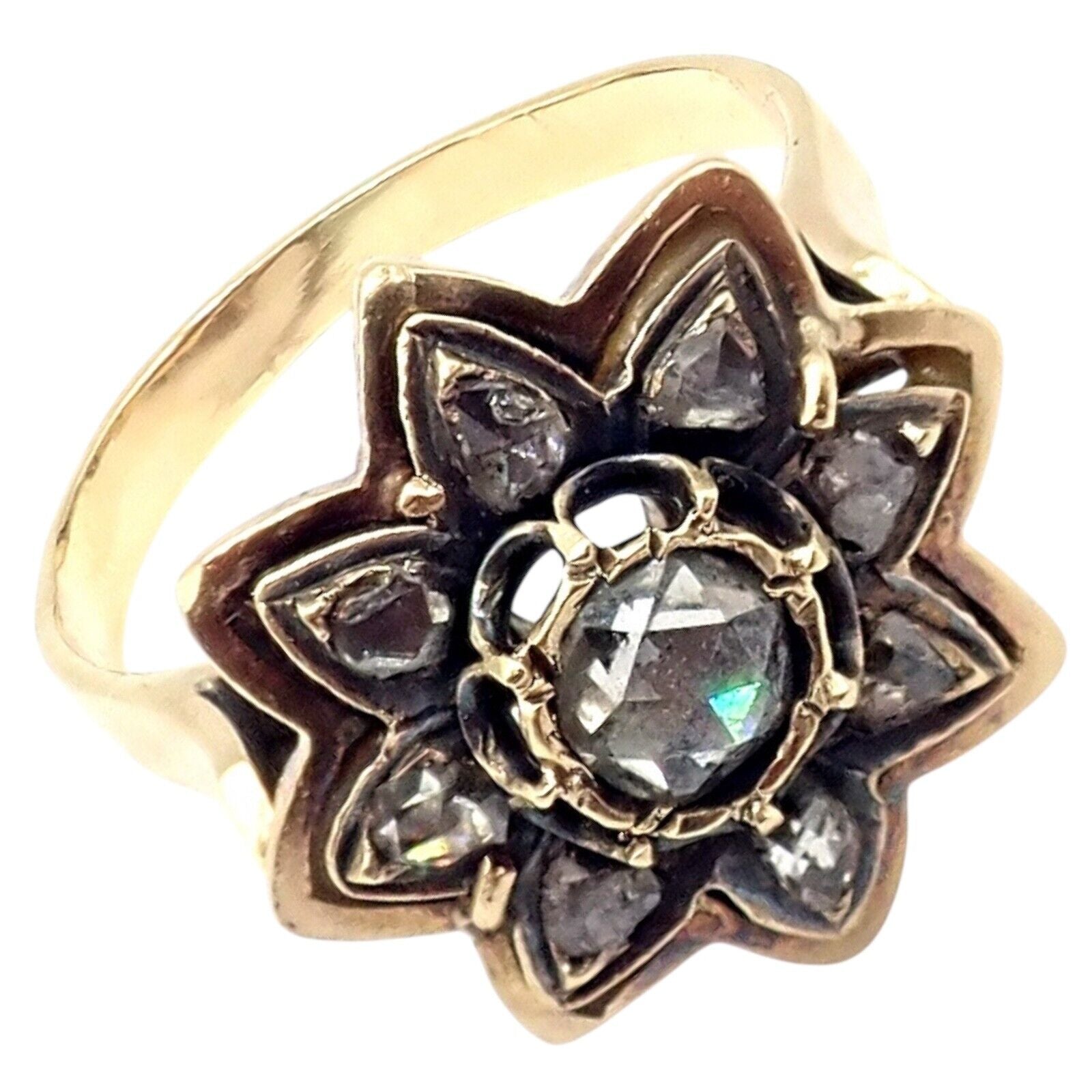 Vintage Karl Faberge 18k Yellow Gold Rose Cut Diamond Flower Ring - Elegant Antique Jewelry for Women, Perfect for Weddings, Anniversaries & Special Occasions