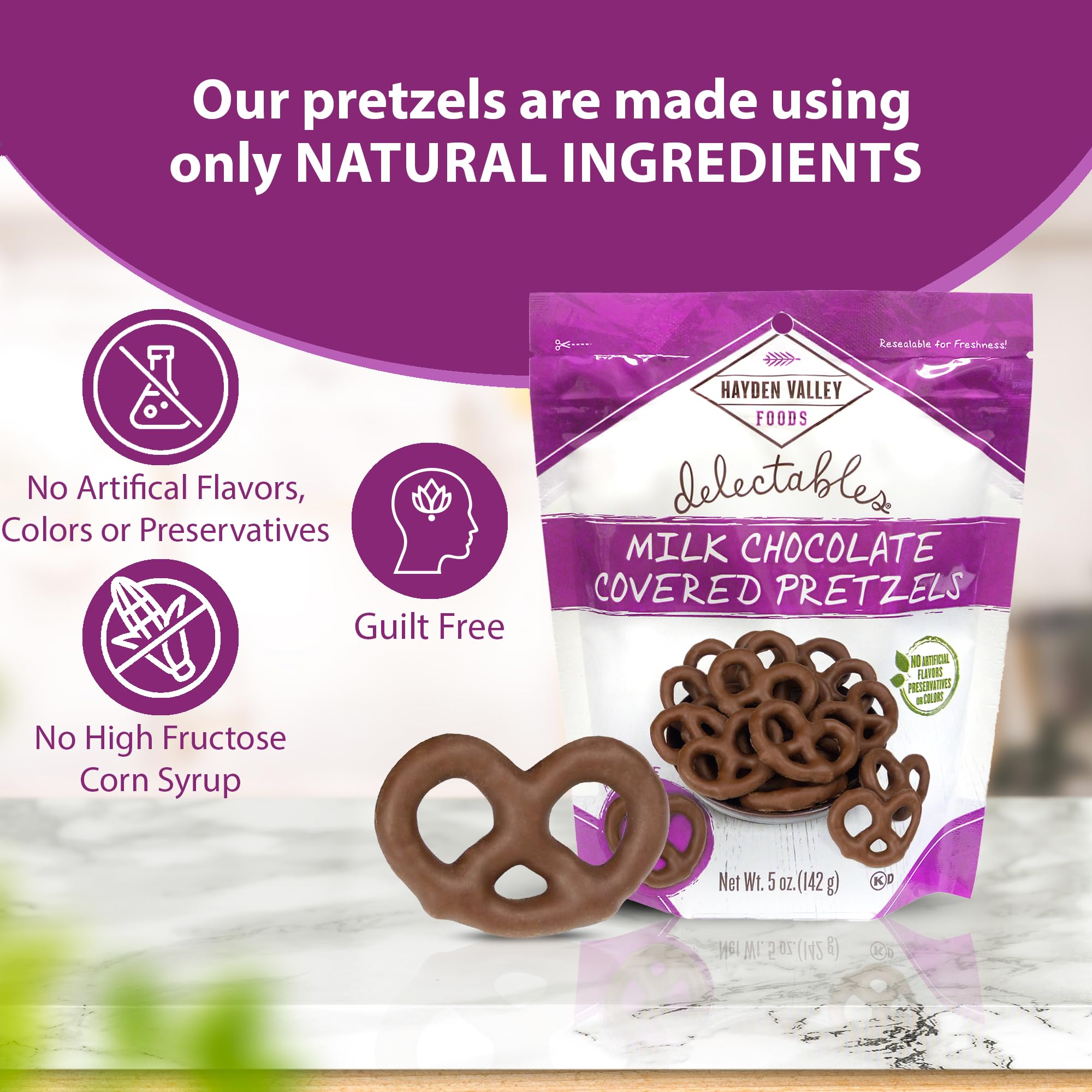 Hayden Valley Foods Milk Chocolate Covered Pretzels - 5oz Resealable Bag - Gourmet Chocolate Pretzel Snacks for Parties, Gifts & Movie Nights