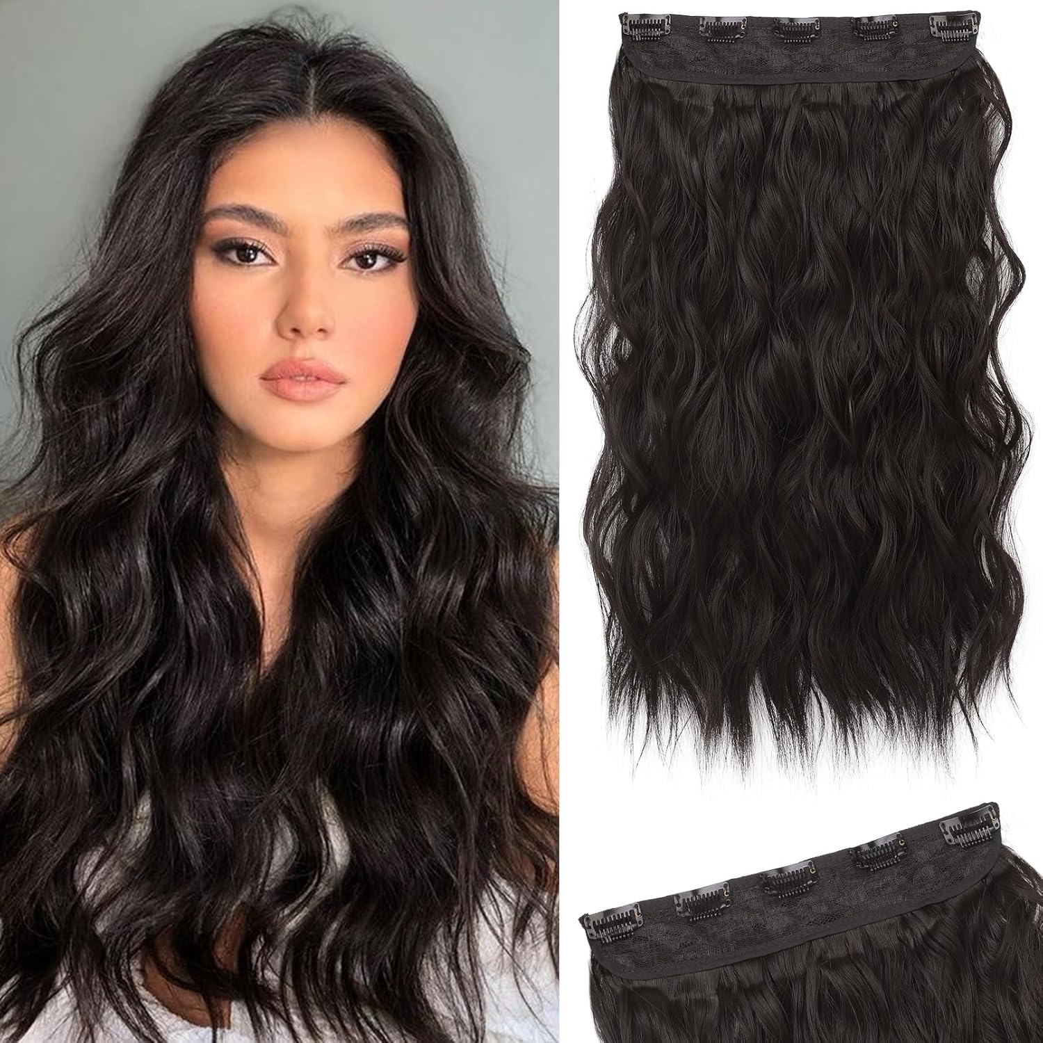 22 Inch Curly Hair Extensions for Women - 5 Clips Natural Human Hair Weave with Real Hair Feel - Free Hair Styling Tool for Daily Wear & Special Occasions (Brown)