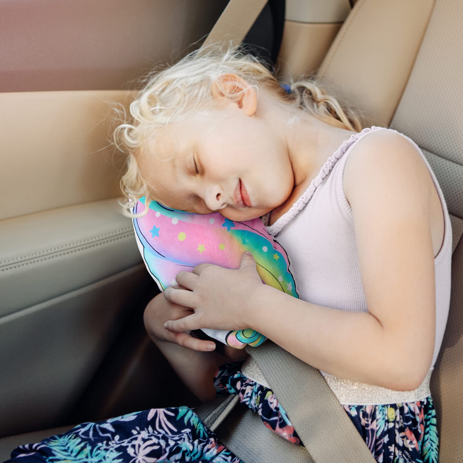 FIODAY Unicorn Seat Belt Cover Pad for Kids - Soft Car Seat Belt Pillow, Toddler Travel Strap Pad with Neck Support for Girls & Boys (Rainbow) - Perfect for Long Road Trips & Airplane Travel