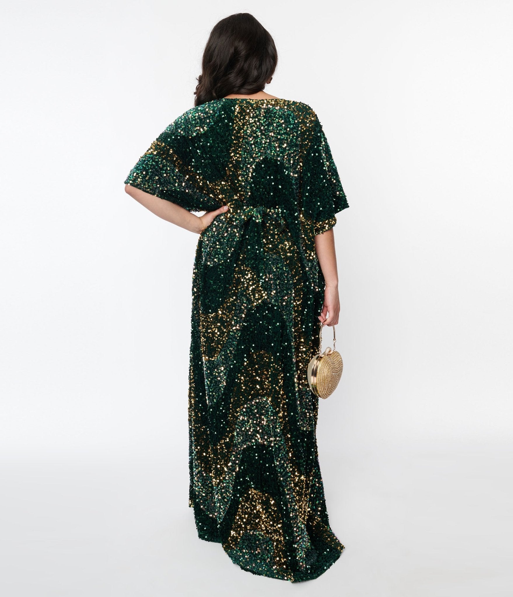 Vintage Emerald Green & Gold Sequin Burton Caftan Dress - Boho Maxi Dress for Beach Wedding, Party & Special Occasions