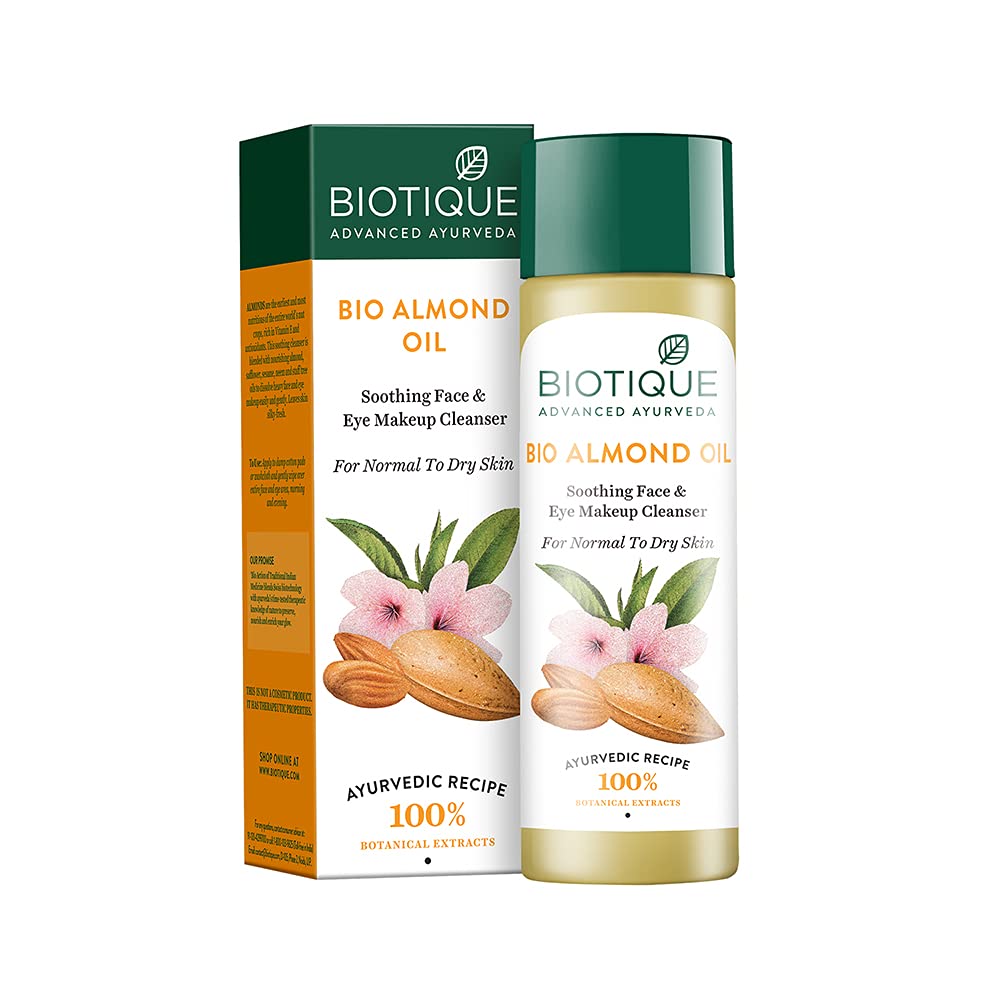 Biotique Bio Almond Oil Soothing Face & Eye Makeup Cleanser - 120ml/4.05oz | Gentle Makeup Remover for Sensitive Skin | Perfect for Daily Skincare & Travel