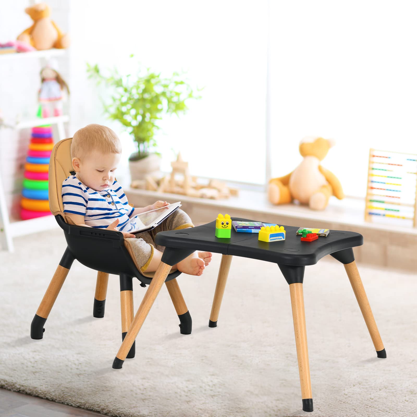 INFANS 5-in-1 Convertible Baby High Chair with Safety Harness - Adjustable Wooden Booster Seat & Toddler Dining Chair with Removable Tray & Easy-Clean Cushion - Perfect for Feeding, Playtime & Learning (Brown)
