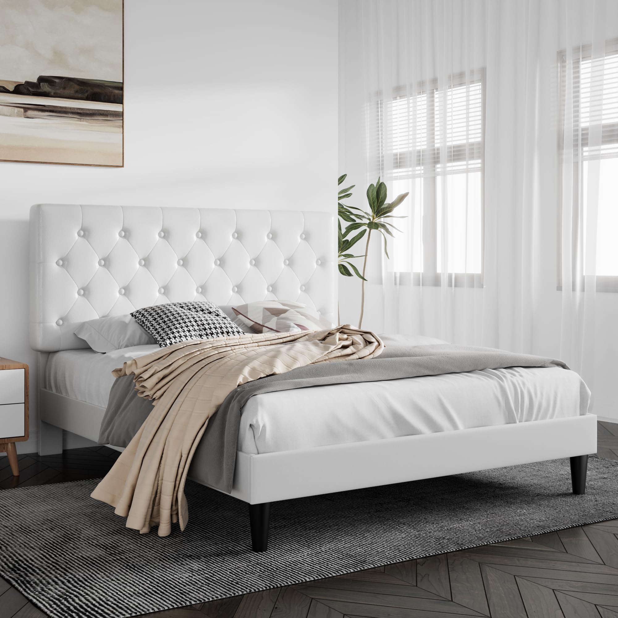 Queen Size Bed Frame with Button Tufted Headboard - Faux Leather Upholstered Platform Bed with Wooden Slat Support, No Box Spring Needed (White) - Perfect for Modern Bedrooms, Guest Rooms & Small Spaces