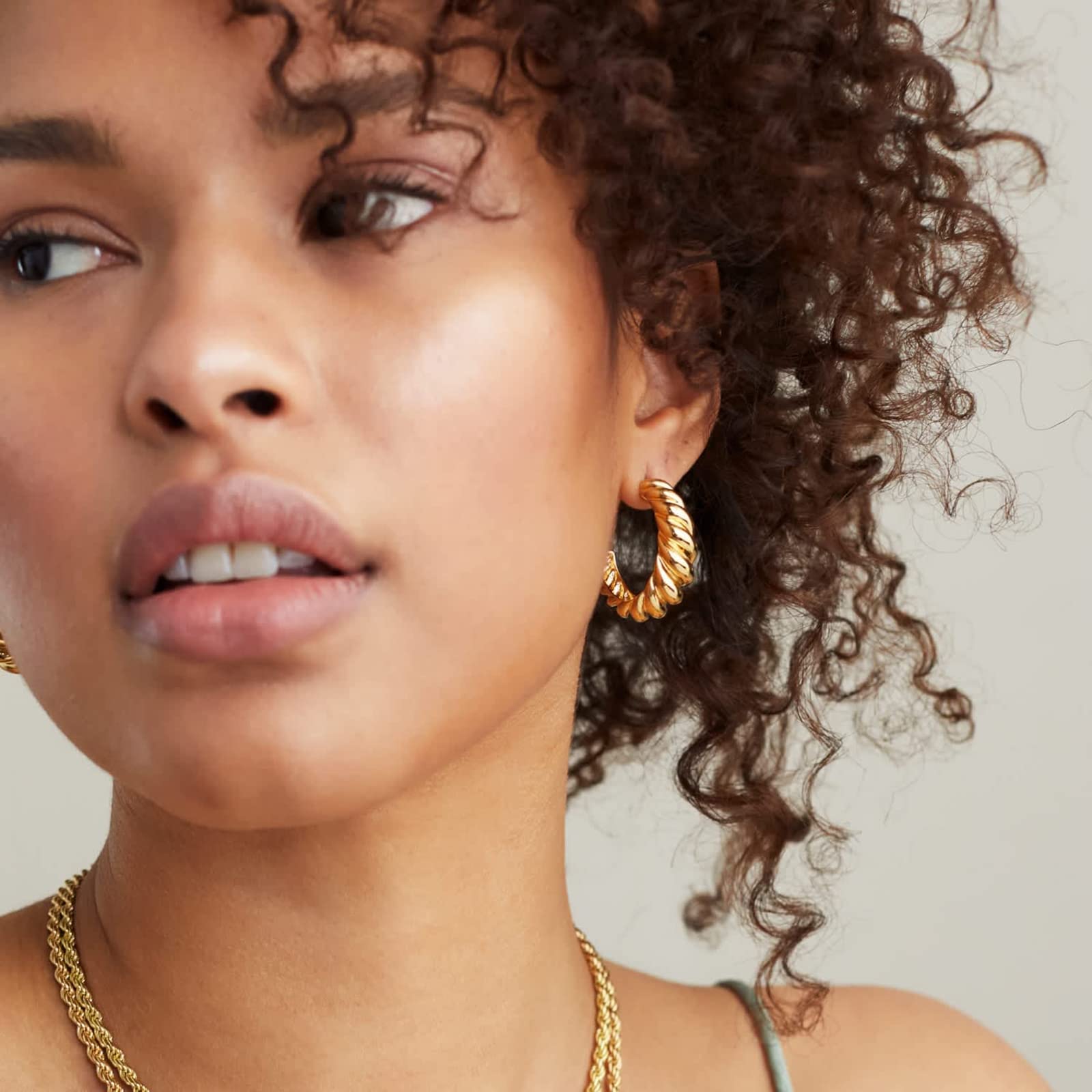 14K Gold Plated Croissant Earrings for Women - 925 Sterling Silver Twisted Hoop Earrings with CZ Stones | Chunky Huggie Hoops | Perfect Mother's Day Gift for Her | Elegant Everyday Wear & Special Occasions
