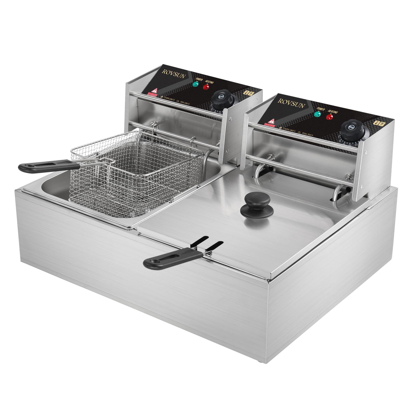 ROVSUN 22.8QT Commercial Electric Deep Fryer with 2 Baskets & Lids - 5000W Stainless Steel Countertop Fryer with Temperature Control - Perfect for French Fries, Chicken Wings, Donuts - Ideal for Restaurants, Food Trucks & Home Kitchens