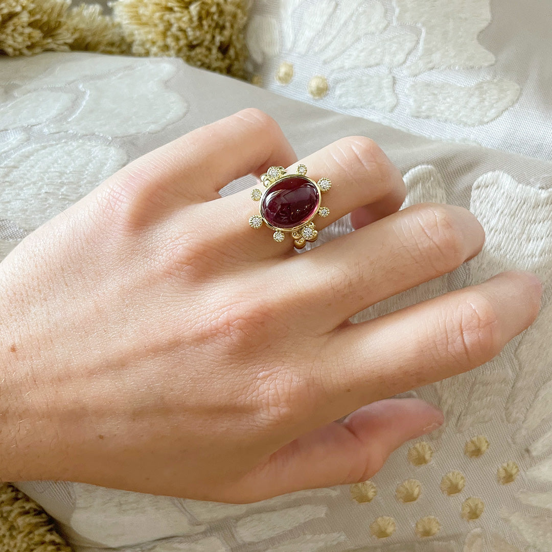 14K Yellow Gold Pink Tourmaline & Diamond Cabochon Ring - Elegant Jewelry for Women, Perfect for Weddings, Anniversaries & Special Occasions