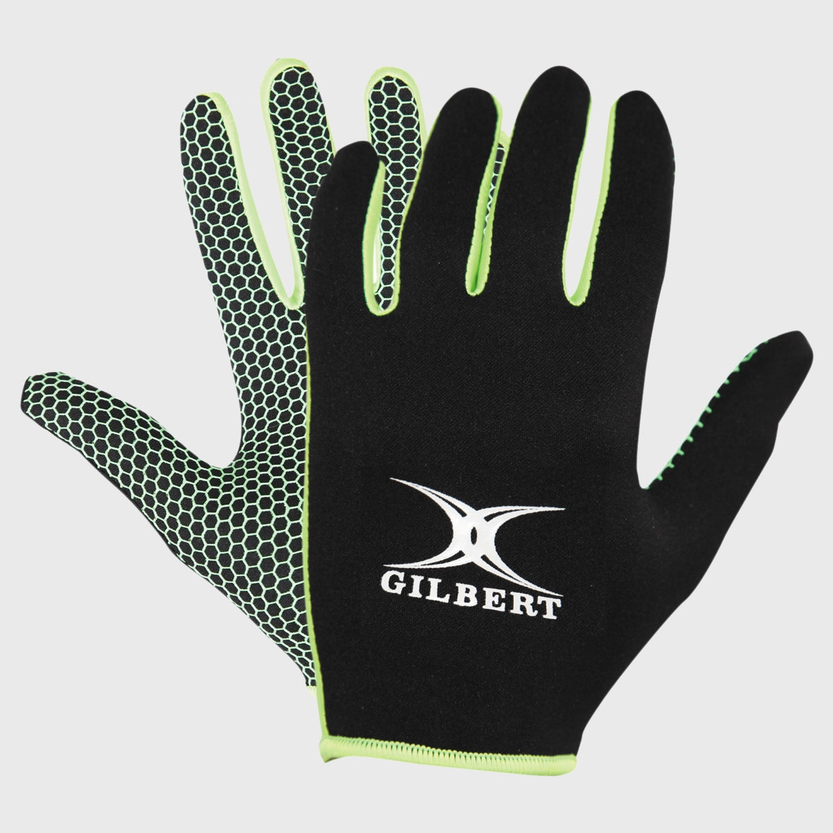 Gilbert Kid's Atomic Full Finger Rugby Grip Mitt - Black/Green - Youth Rugby Gloves for Training & Matches - Perfect for Tackling, Passing & Catching
