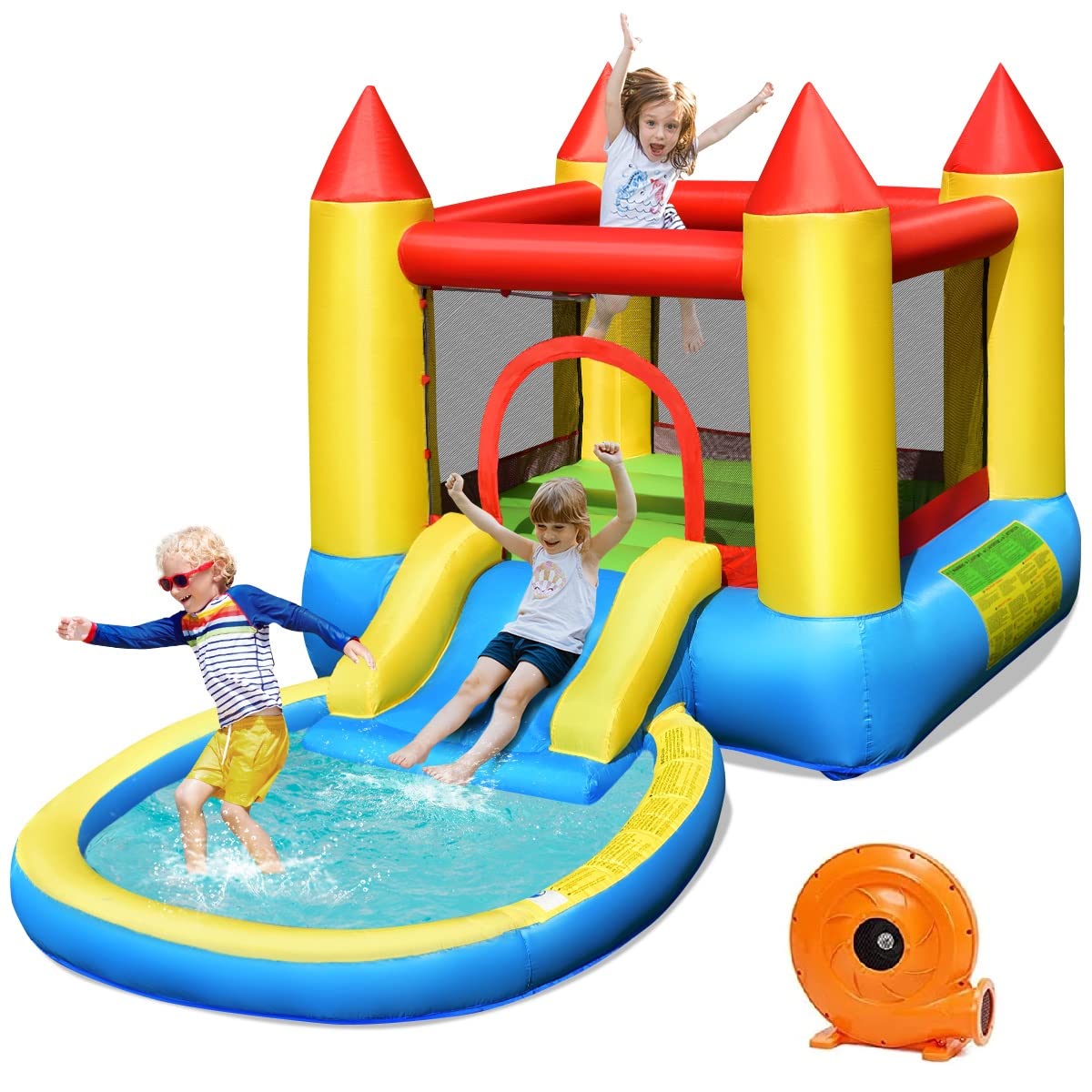 Costzon Inflatable Water Slide Bounce House with Ball Pit & Splash Pool - Kids Outdoor Bouncy Jump Castle with 480W Blower - Perfect for Backyard Parties, Summer Fun & Birthday Gifts