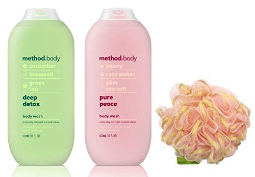 Method Body Wash - Deep Detox & Pure Peace (18 fl oz/532 ml) with Exfoliating Loofah Pouf - 3-Pack Shower & Bath Set for Spa-Like Experience at Home