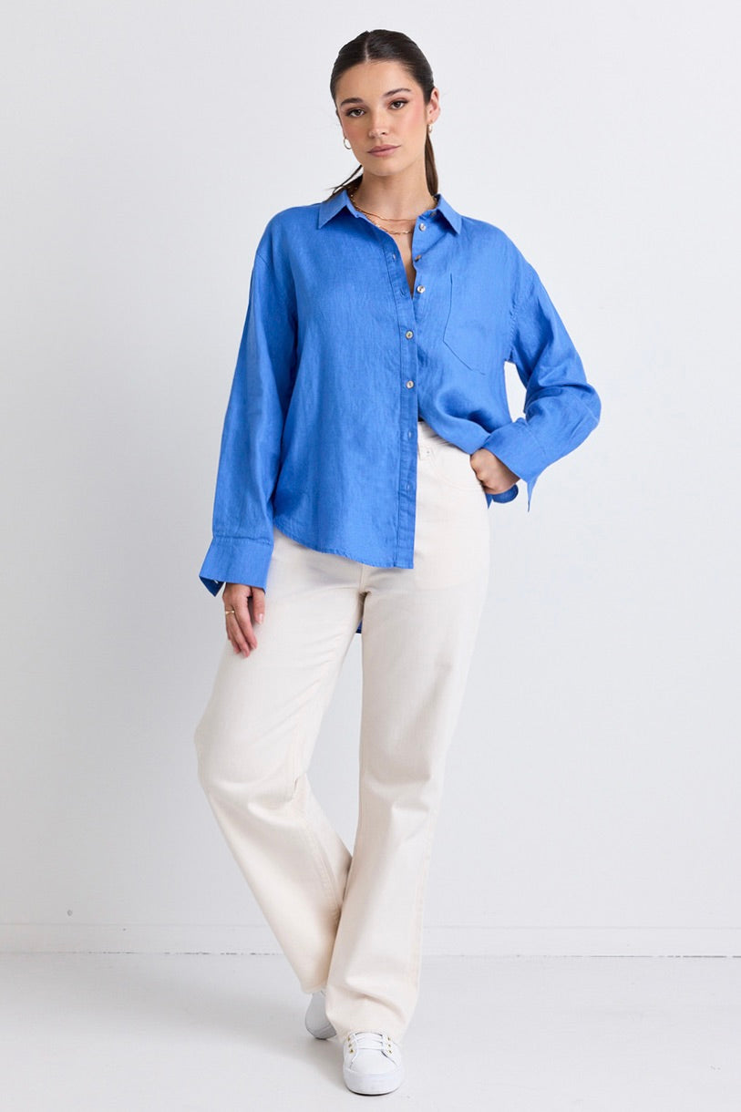 Optimum Bright Blue Linen Oversized Shirt for Women - Comfortable & Stylish Summer Blouse for Casual Outfits, Beach Wear, and Boho Fashion