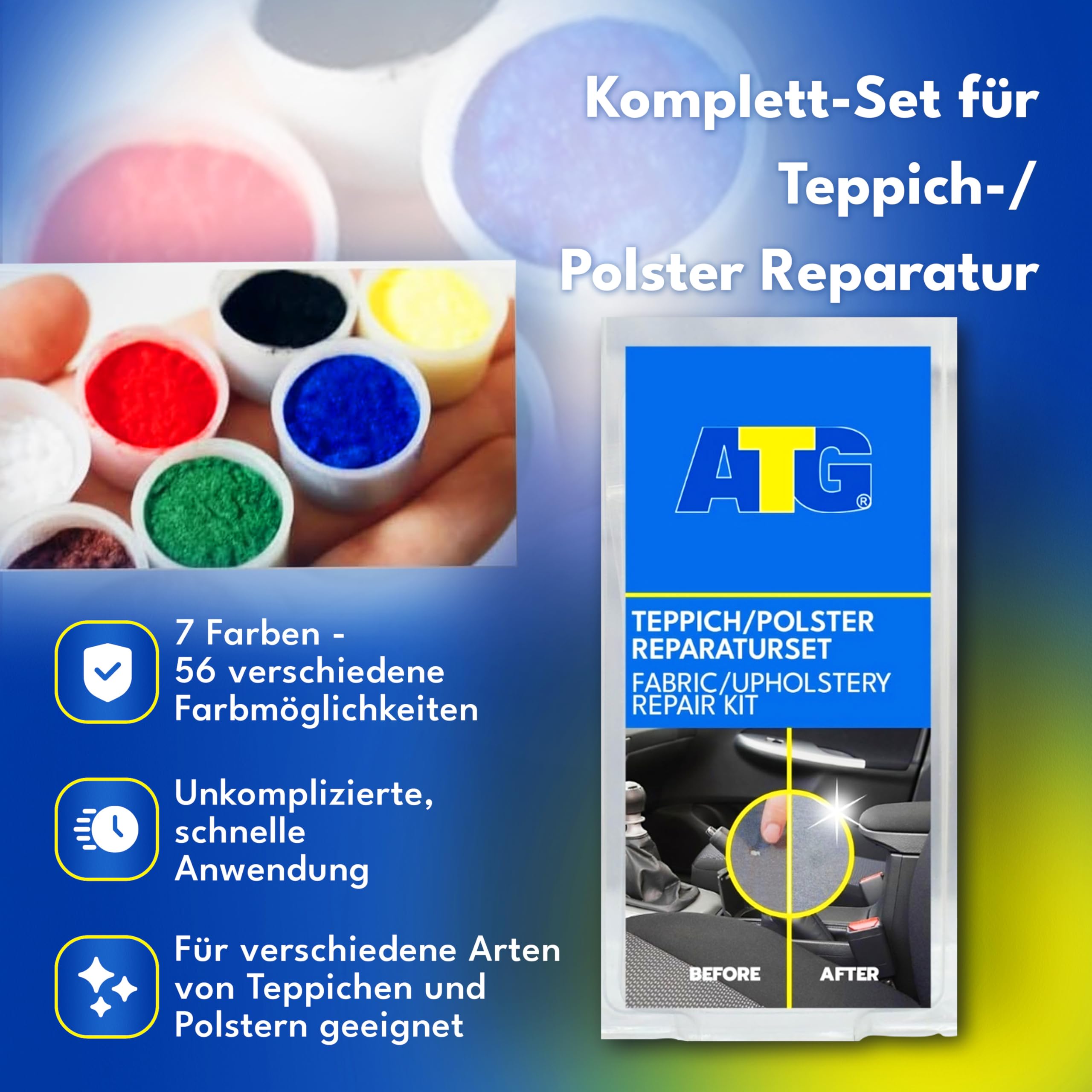 ATG Upholstery Repair Kit for Cars & Furniture - Fix Holes, Tears & Burns in Leather, Fabric & Carpet - Car Seat Patch & Sofa Repair Kit - Perfect for Auto Interiors, Home Furniture & Office Chairs