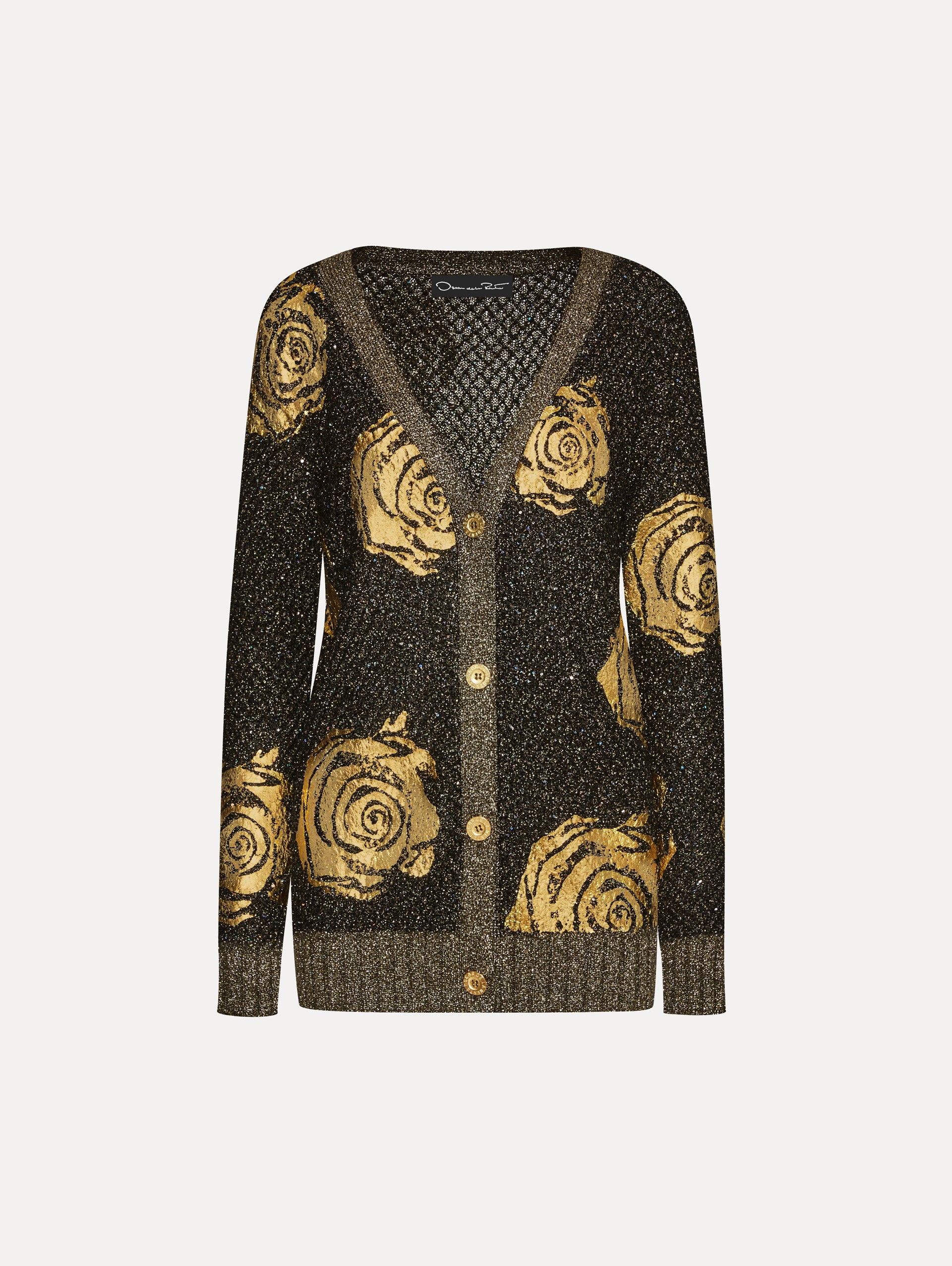 Elegant Gold Foil English Rose Cardigan for Women - Vintage Floral Knit Sweater for Casual Outfits & Special Occasions