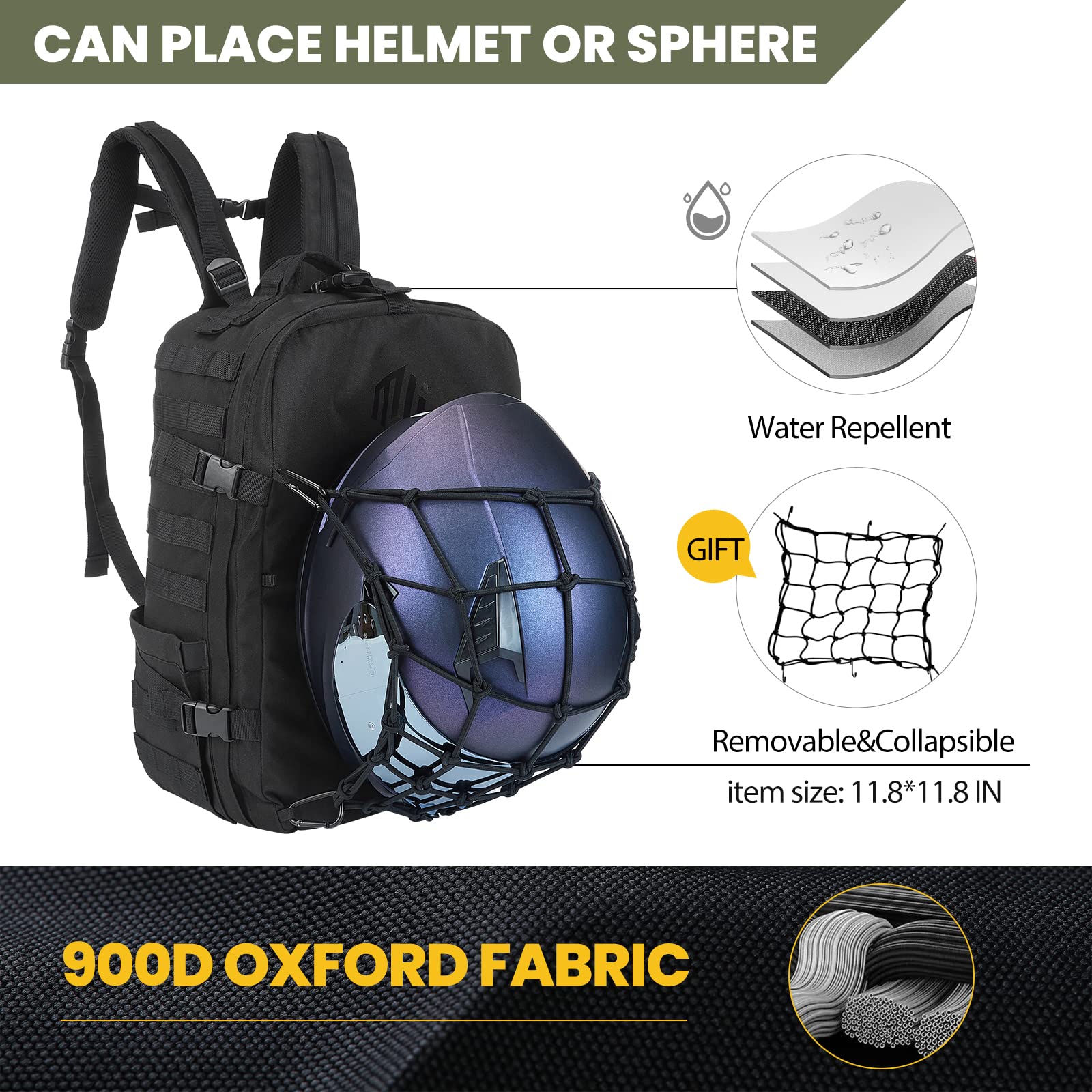 **ILM 30L Motorcycle Helmet Backpack - Waterproof Tactical Riding Backpack for Men & Women - Large Capacity Helmet Holder for Hiking, Commuting & Travel (Black, Model BP01)**