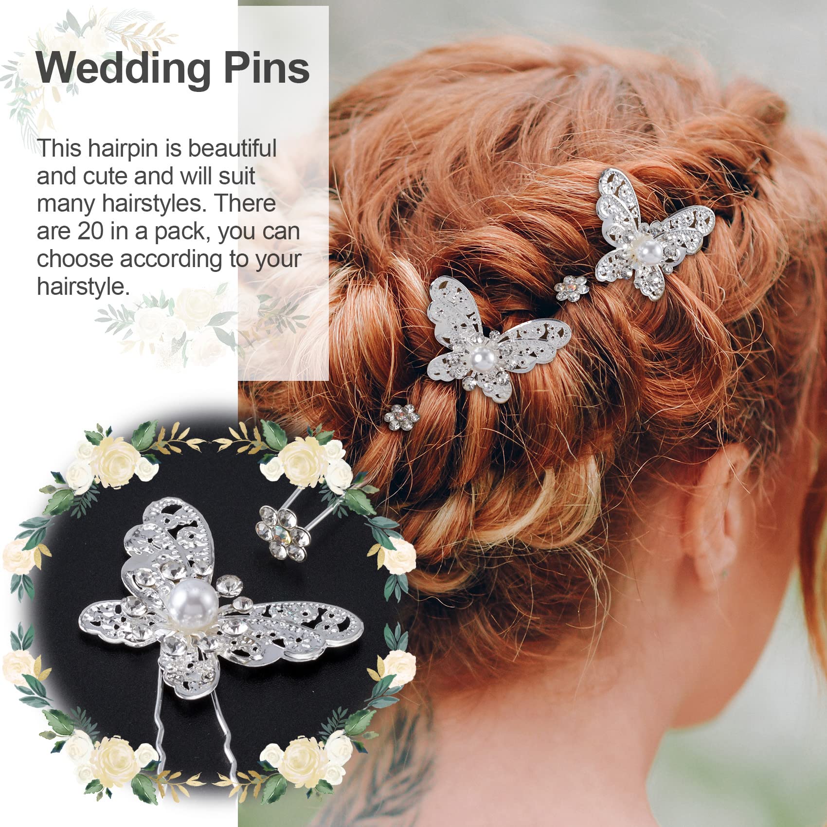 OIIKI 20 PCS Wedding Bridal Hair Pins - Pearl Butterfly U Shape Hair Clips with Rhinestones & Flowers - Elegant Hair Accessories for Women & Girls - Perfect for Weddings, Proms, Parties & Special Occasions