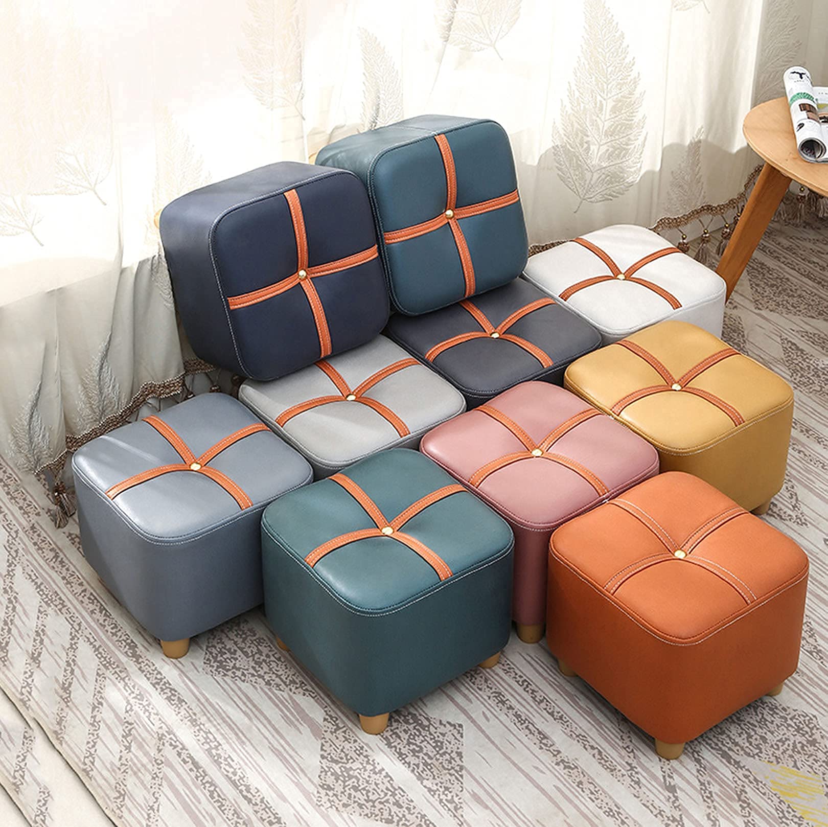 Comfy Yellow Cloth Pouf Stool - 30cm x 33cm Footrest Ottoman for Kitchen, Bedroom & Living Room | Perfect as Side Table, Seating & Home Decor
