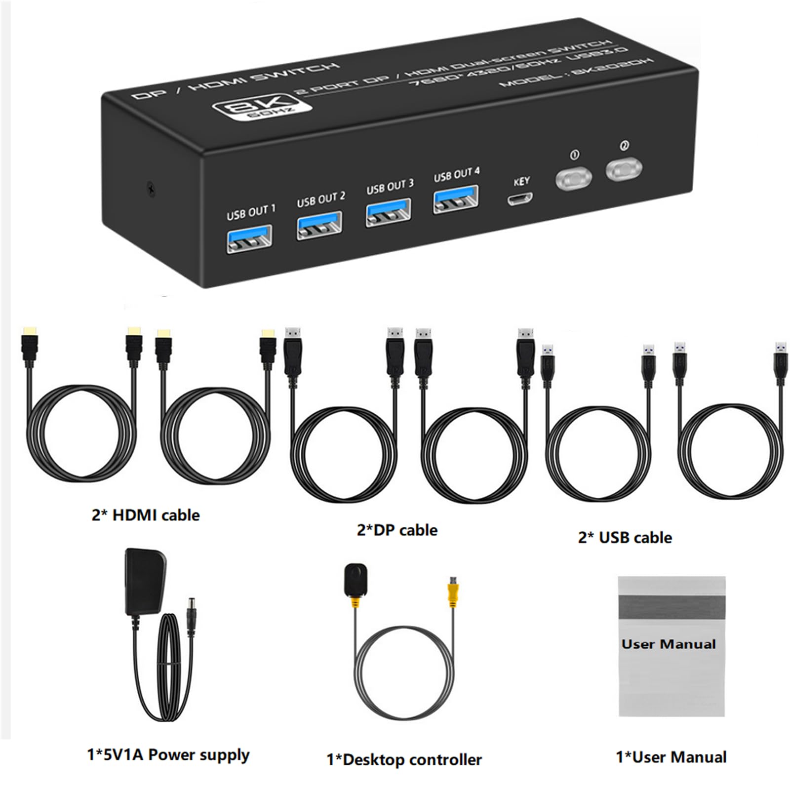 WANSUPYIN 2x2 KVM Switch Dual Monitor 8K@60Hz DisplayPort 1.4 - 2 in 2 Out HDMI DP KVM Switch for 2 Computers Sharing 2 Monitors - Perfect for Home Office, Gaming Setup & Multi-Tasking Workspaces