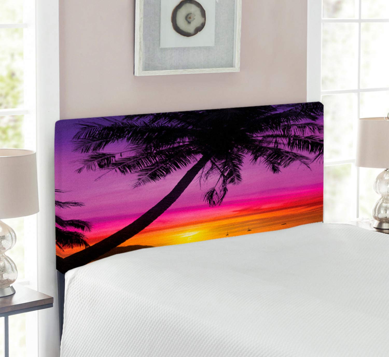 Ambesonne Tropical Headboard - Palm Tree Silhouette Beach Sunset Design, Upholstered Metal Bed Frame with Memory Foam, Twin Size (Purple/Orange/Black) | Coastal Bedroom Decor, Vacation Home Accent, Summer-Themed Guest Room