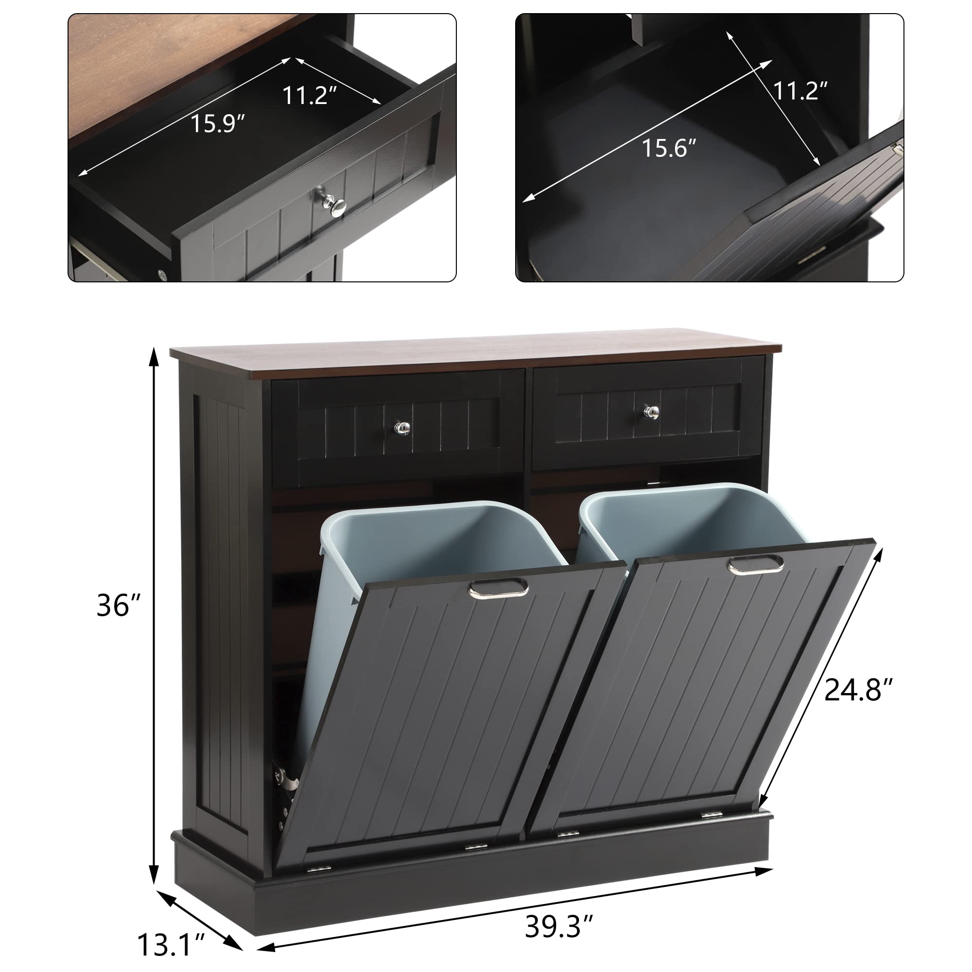 KIGOTY Double Tilt Out Trash Cabinet - Pet Proof Kitchen Trash Can with Countertop & Drawer Storage - Wooden Laundry Hamper Organizer for Kitchen, Bathroom, Laundry Room - Black (Perfect for Small Spaces & Pet Owners)