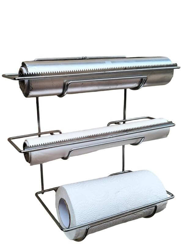 3-in-1 Wall Mount Paper Towel Holder & Plastic Wrap Dispenser - Chrome Finish | Space Saving Kitchen Organizer for Foil, Parchment & Wax Paper Rolls
