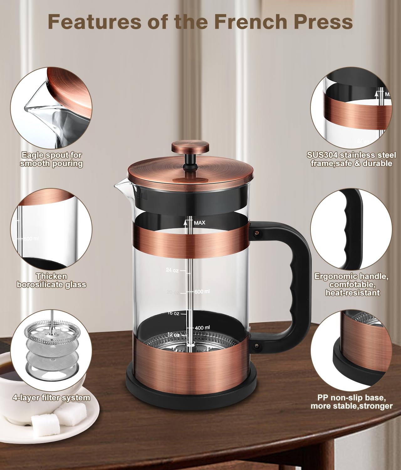 Premium French Press Coffee Maker - 34oz Stainless Steel Coffee Press with 4-Stage Filtration, Heat-Resistant Borosilicate Glass - Ideal for Home, Office, Camping & Travel Gifts