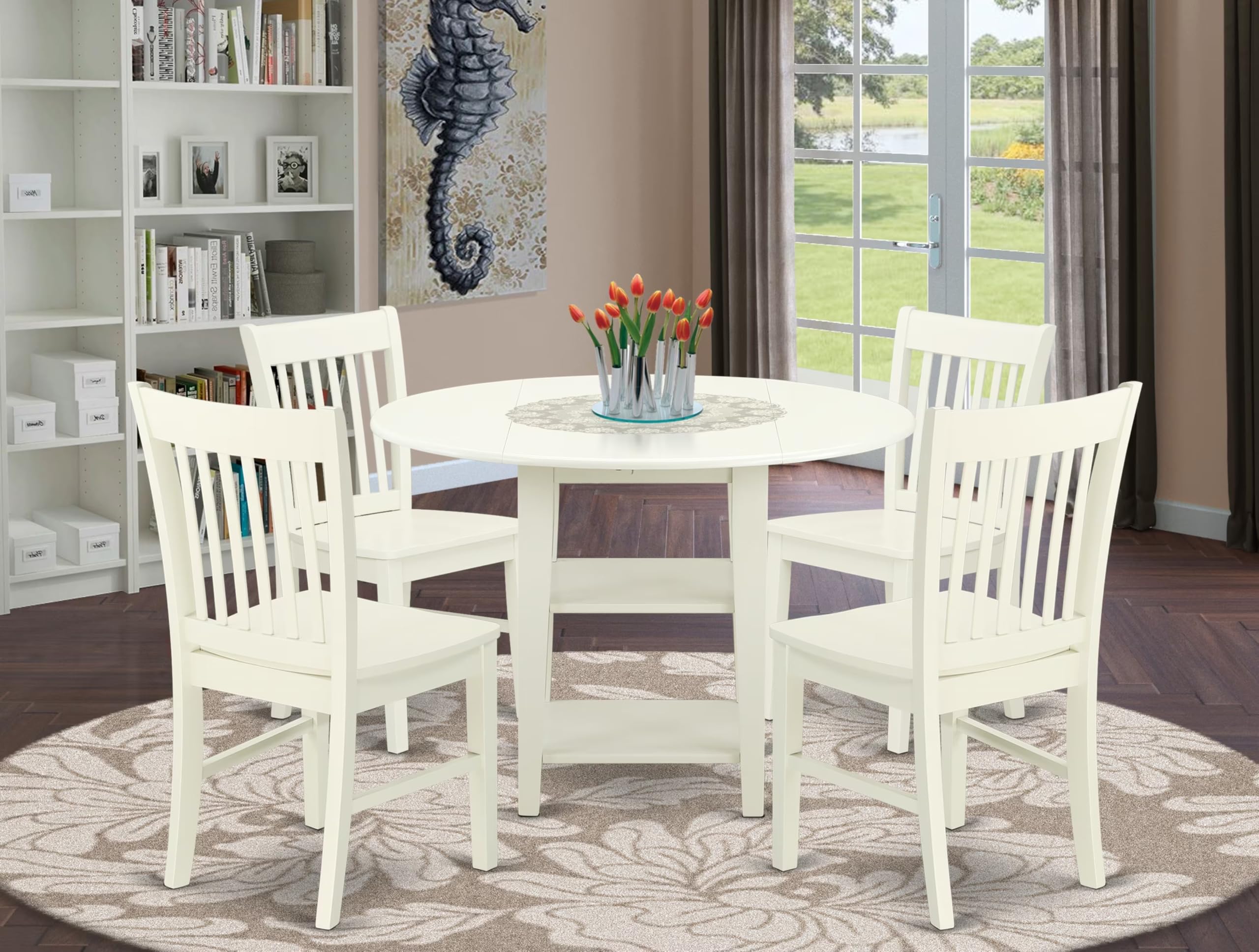 East West Furniture SUNO5-LWH-W 5-Piece Round Dining Table Set with Drop Leaf & Shelves, 4 Wooden Chairs, 42x42 Inch, Linen White - Perfect for Small Spaces, Breakfast Nooks & Cozy Family Meals
