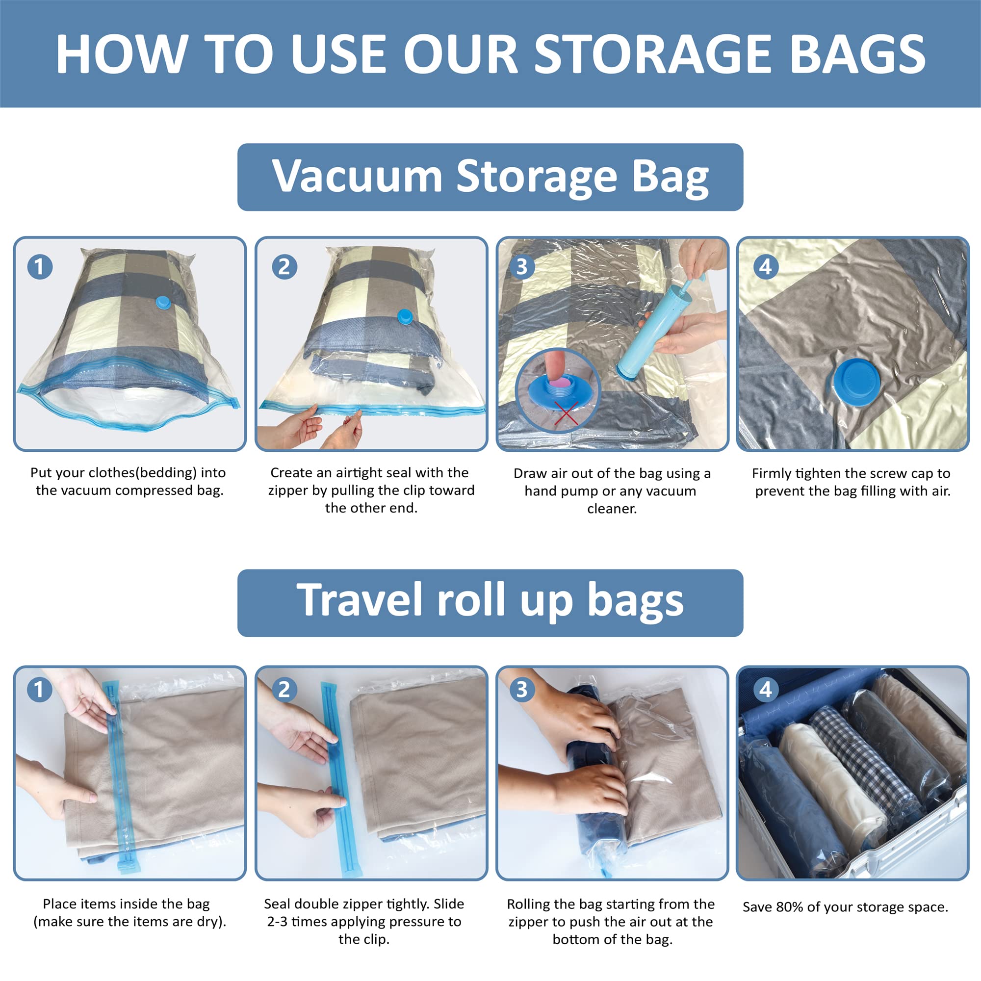 12 Pack Vacuum Storage Bags (2 Jumbo/2 Large/2 Medium/2 Small/4 Roll) - Space Saving Compression Bags for Clothes, Comforters & Blankets - Includes Hand Pump - Perfect for Travel, Seasonal Storage & Home Organization