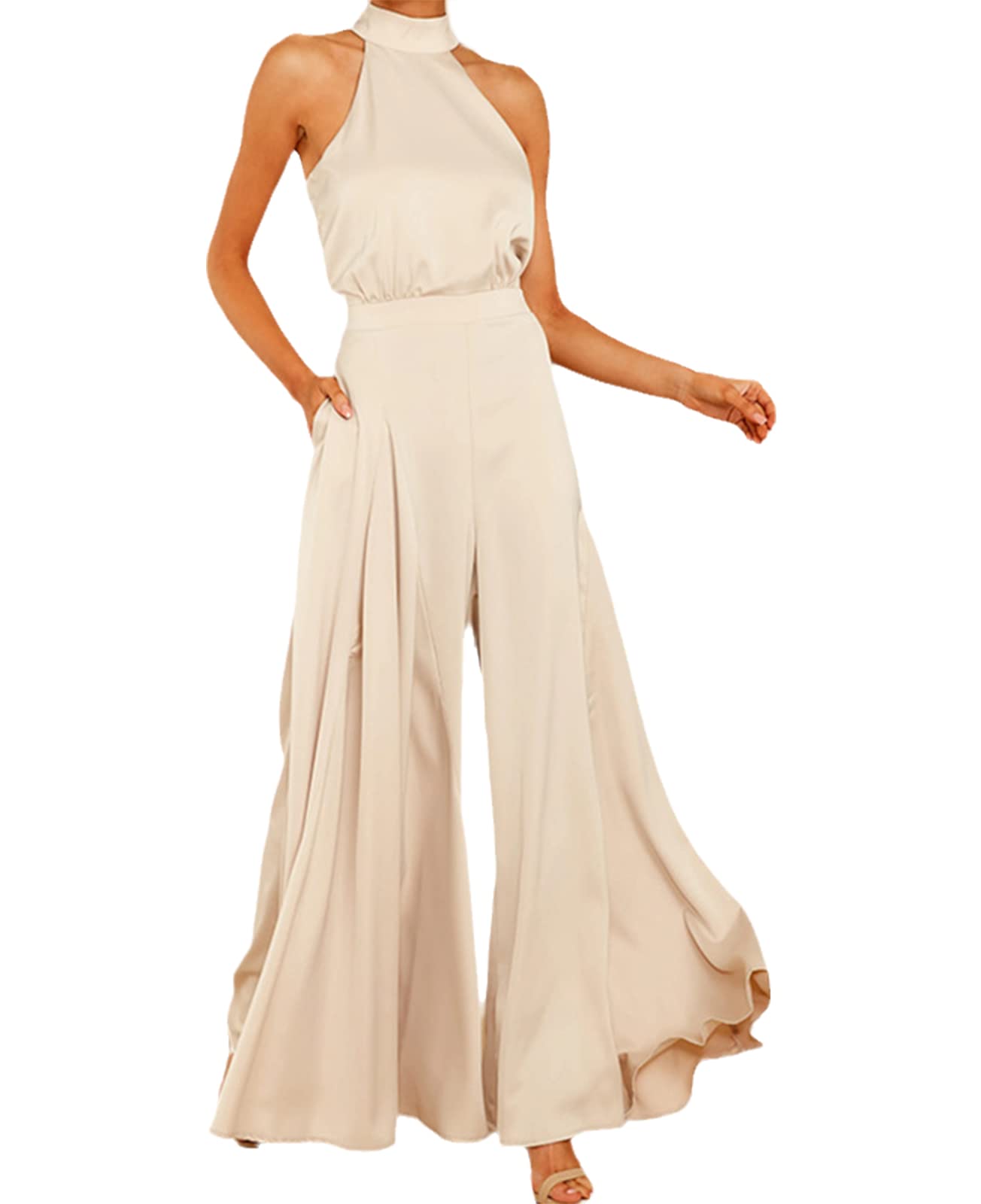 Women's Summer Fashion Halter Jumpsuit - Sleeveless Wide Leg Romper with Pockets | Beach Wear, Vacation Outfit, Casual Summer Dress