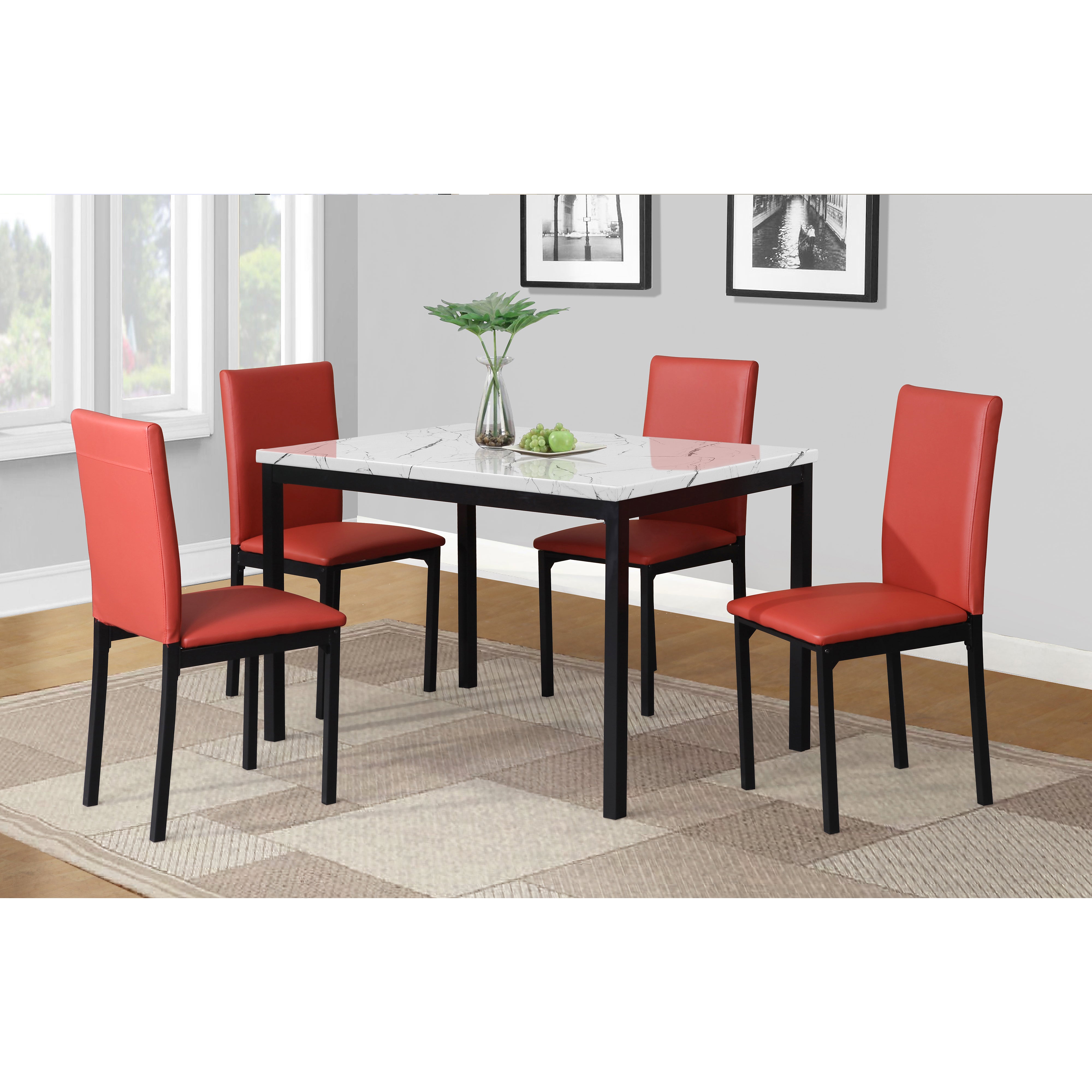 Roundhill Furniture Citico 5-Piece Metal Dinette Set - White Table with Red Chairs & Faux Marble Top - Perfect for Kitchen, Dining Room, or Outdoor Patio