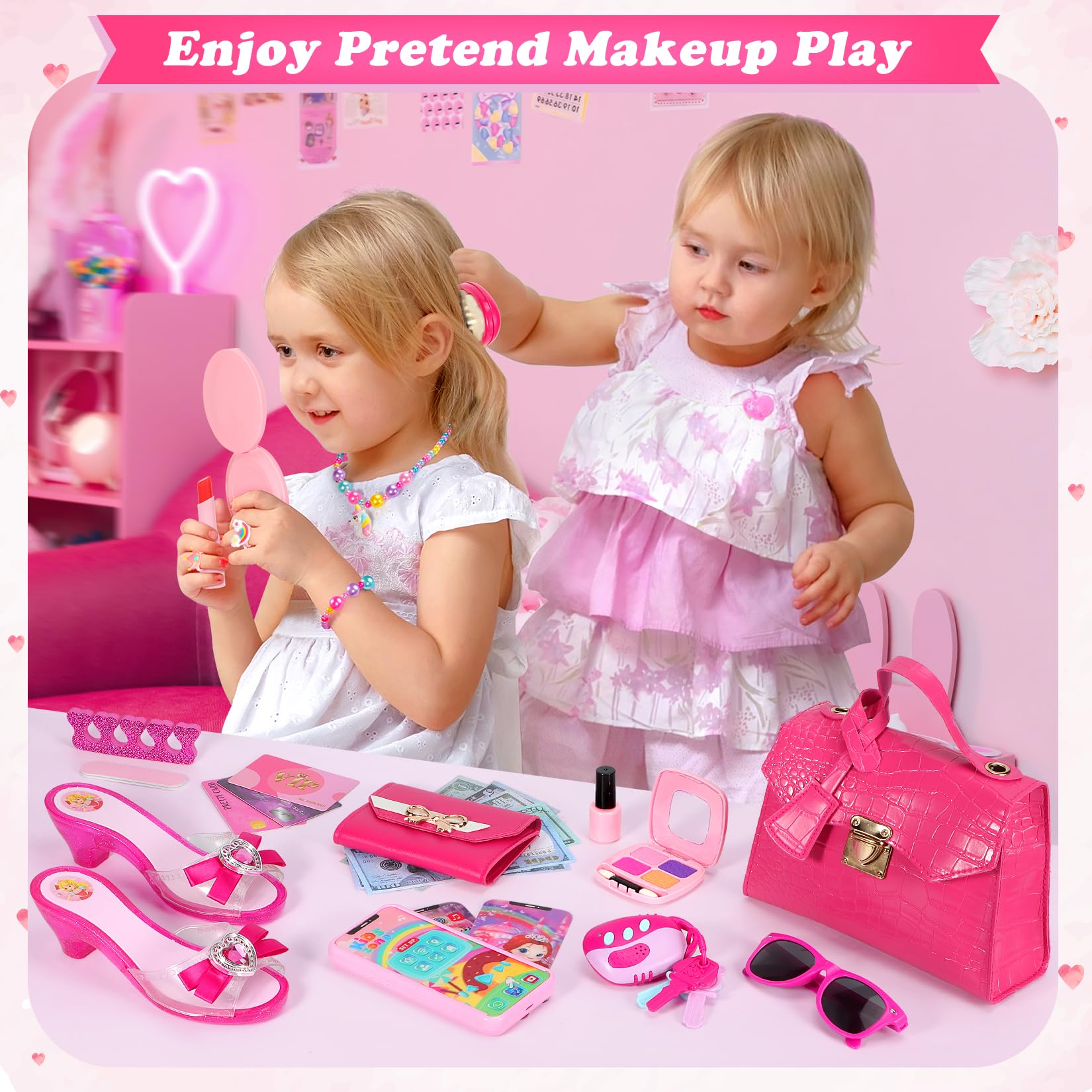 Kids Play Purse Set with Makeup & Jewelry - Dress Up Toy for Girls 3-6