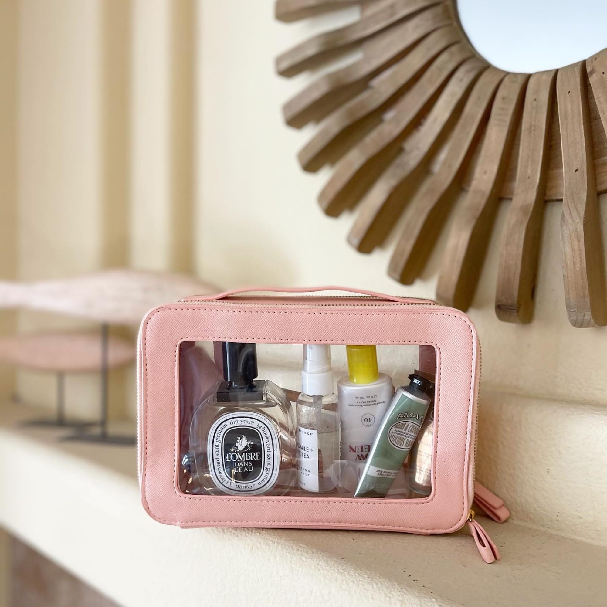 ZOOX Clear Jetset Large Makeup Bag for Travel - 2-Layer Cosmetic Organizer with Compartments, Pink TSA Approved Toiletry Case - Perfect for Airplane Carry-on & Vacation Essentials Storage