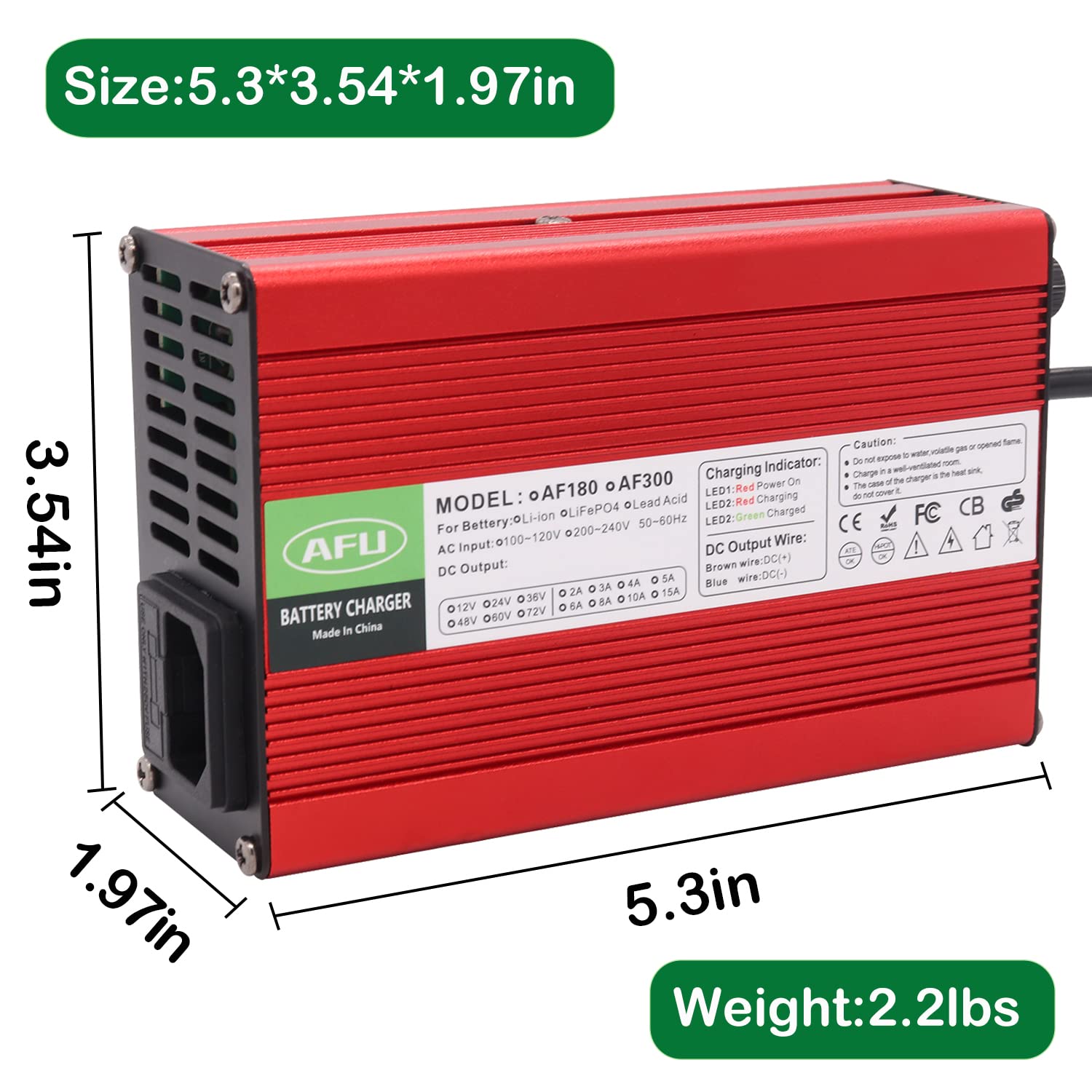 54.6V 5A 13S 48V Lithium Ion Battery Smart Charger with Red Aluminum Case & 3-Pin XLR Plug - Fast Charging for E-Bikes, Scooters, and Power Tools