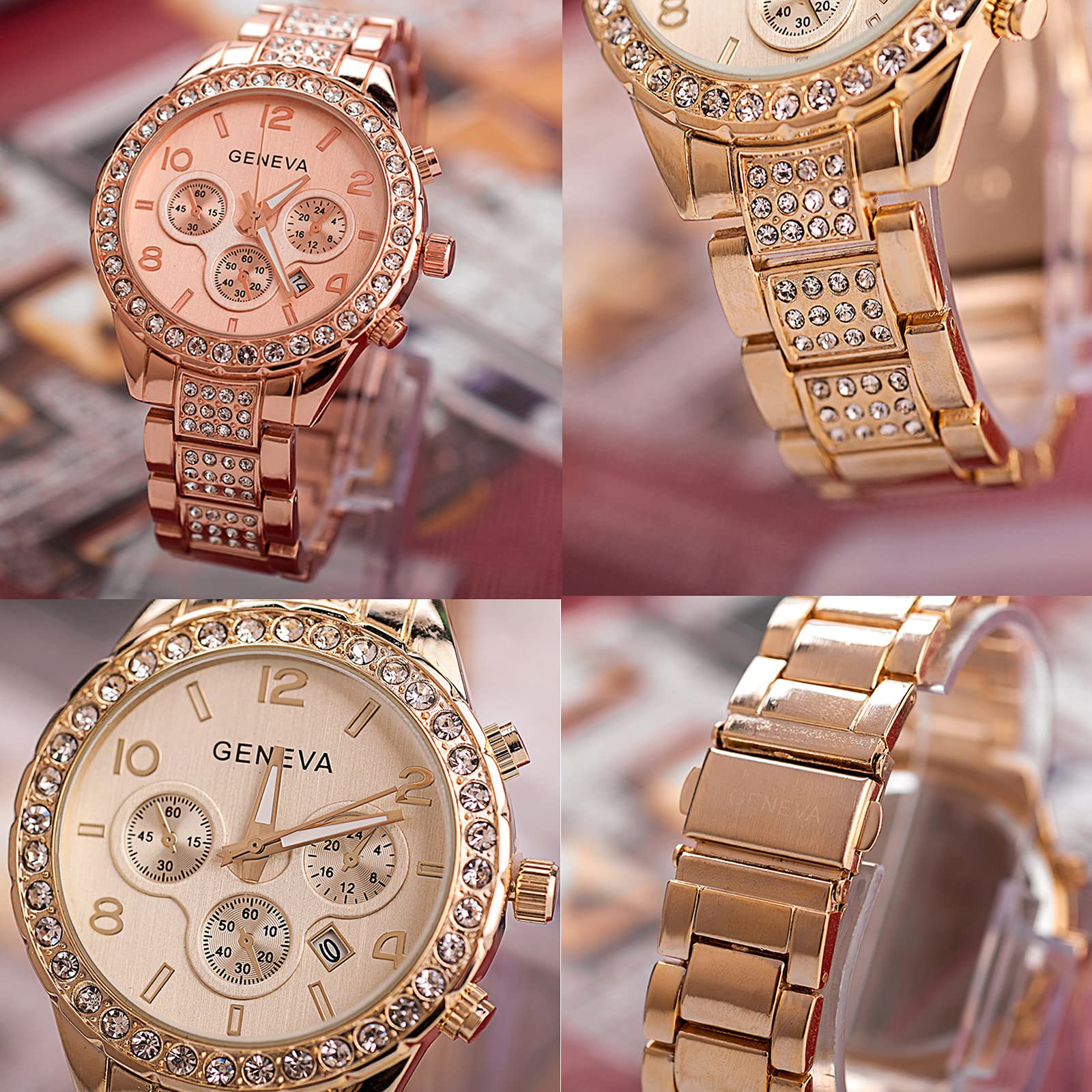 3 Pack Luxury Unisex Pave Crystal Digital Calendar Quartz Watch - Rose Gold & Silver Stainless Steel Bracelet Watches for Men & Women | Perfect for Gifts, Business, and Formal Occasions