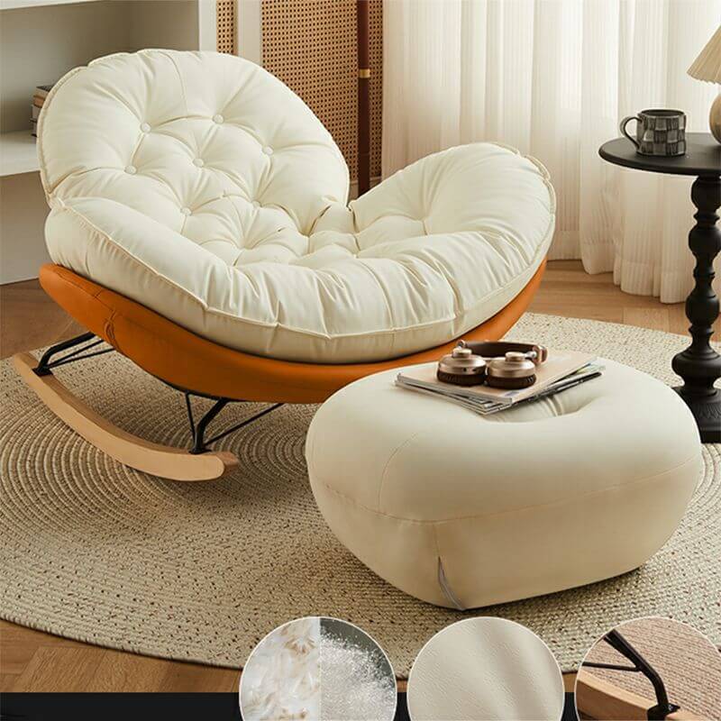 Modern Faux Leather Beige Upholstered Rocking Chair with Spindle Back & Natural Wood Legs - Cozy Nursery, Living Room or Bedroom Accent Chair for Relaxing & Nursing