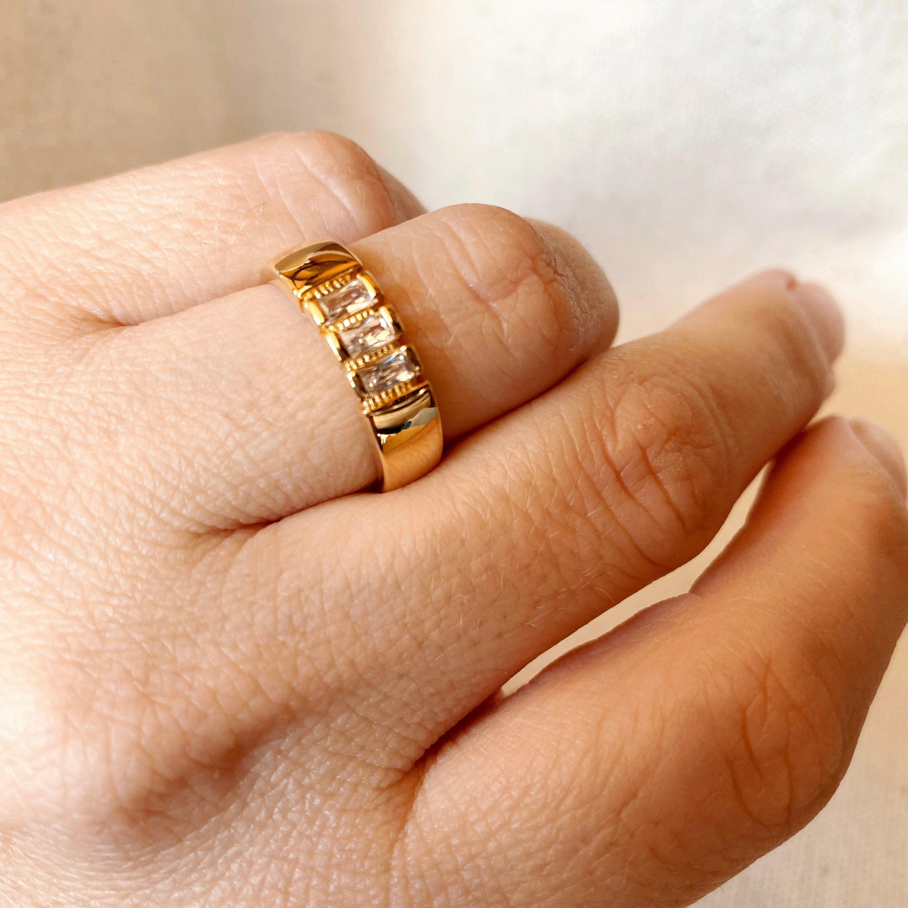 18K Gold Filled Trio Baguette Cubic Zirconia Ring - Elegant Stackable Jewelry for Women, Perfect for Weddings, Anniversaries & Everyday Wear