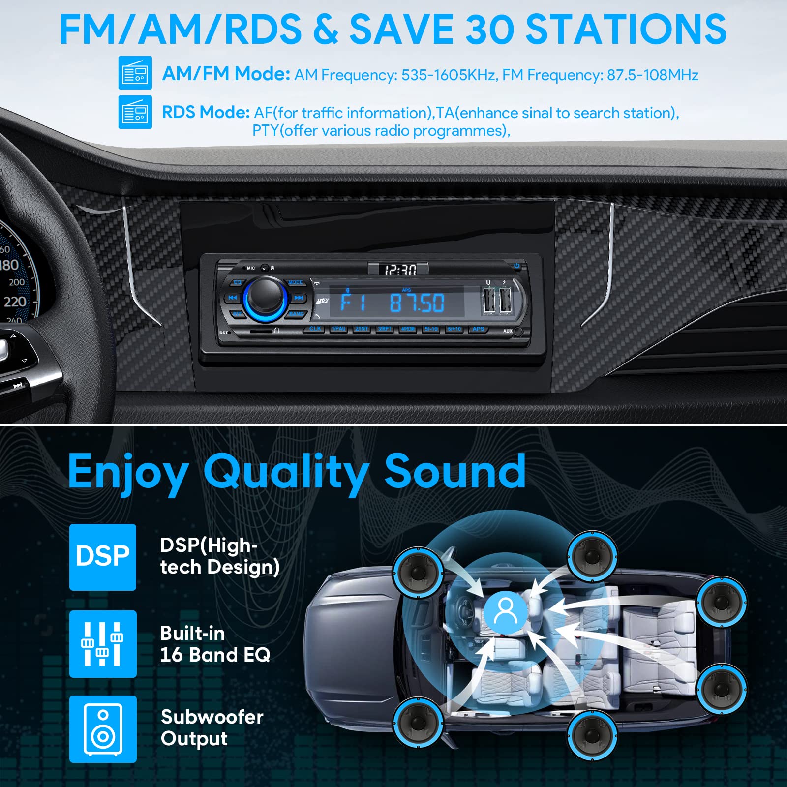 RDS Car Stereo Bluetooth 5.0 Receiver - 9-24V Universal Car Radio with Hands-Free Calling, FM/AM Radio, 4x65W Output, LCD Display & 7-Color LED Lighting - MP3 Player Supports USB/AUX/SD - Perfect for Road Trips & Daily Commuting