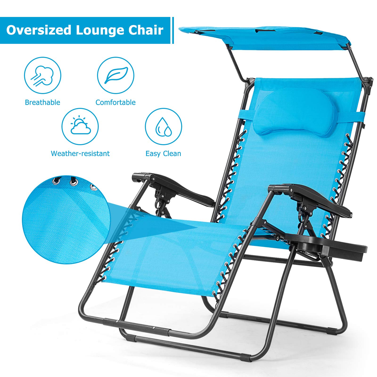 Moccha Zero Folding Gravity Recliner Lounger Chair with Adjustable Headrest & Lumbar Support - Patio Outdoor Lounge Chair with Shade Canopy & Locking System (Blue) - Perfect for Backyard, Poolside, Beach & Camping Relaxation