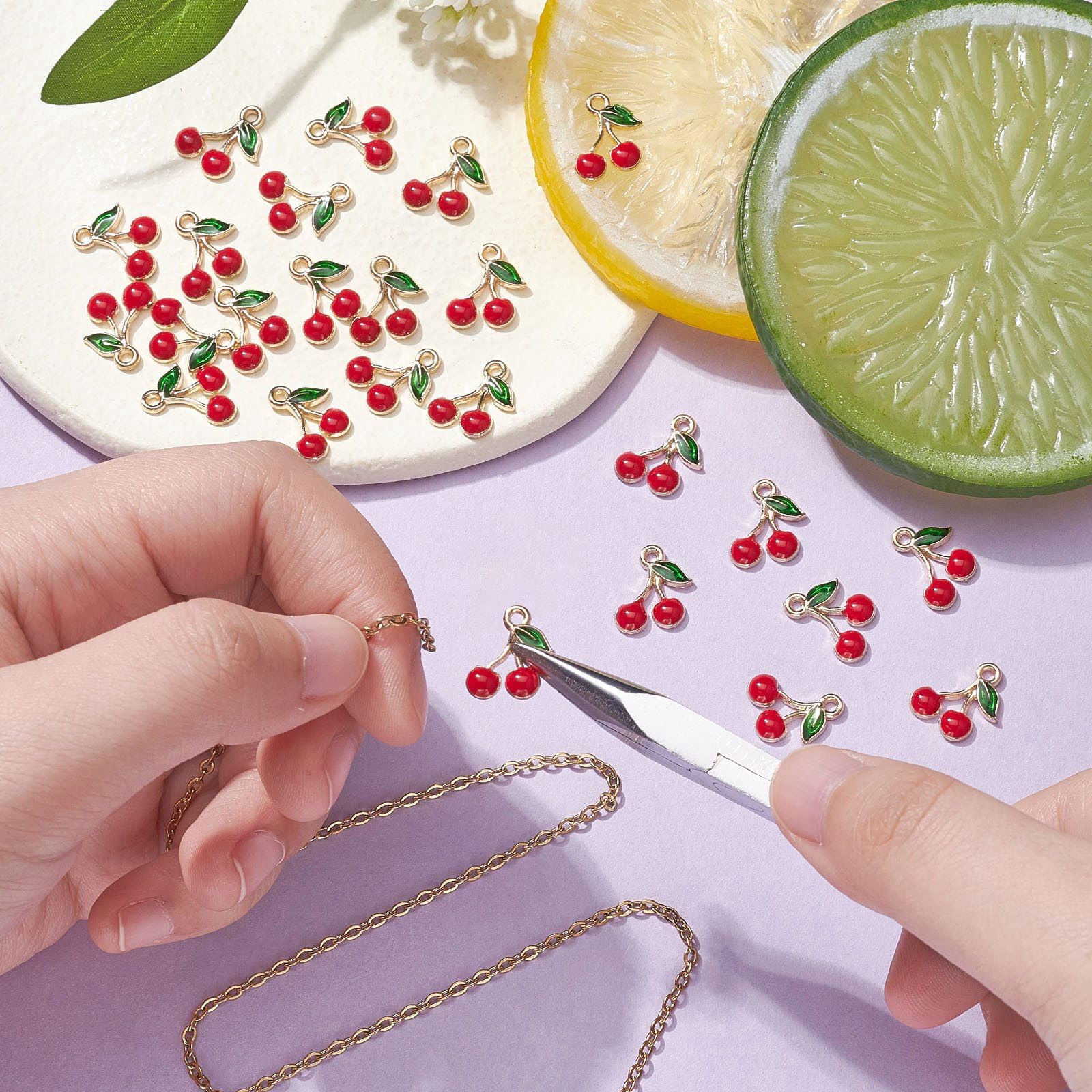 KitBeads 100pcs Red Cherry Charms - Enamel Food Jewelry Charms, Mini Fruit Pendants for DIY Bracelets, Necklaces & Earrings - Perfect for Crafting, Gift Making & Kawaii Accessories