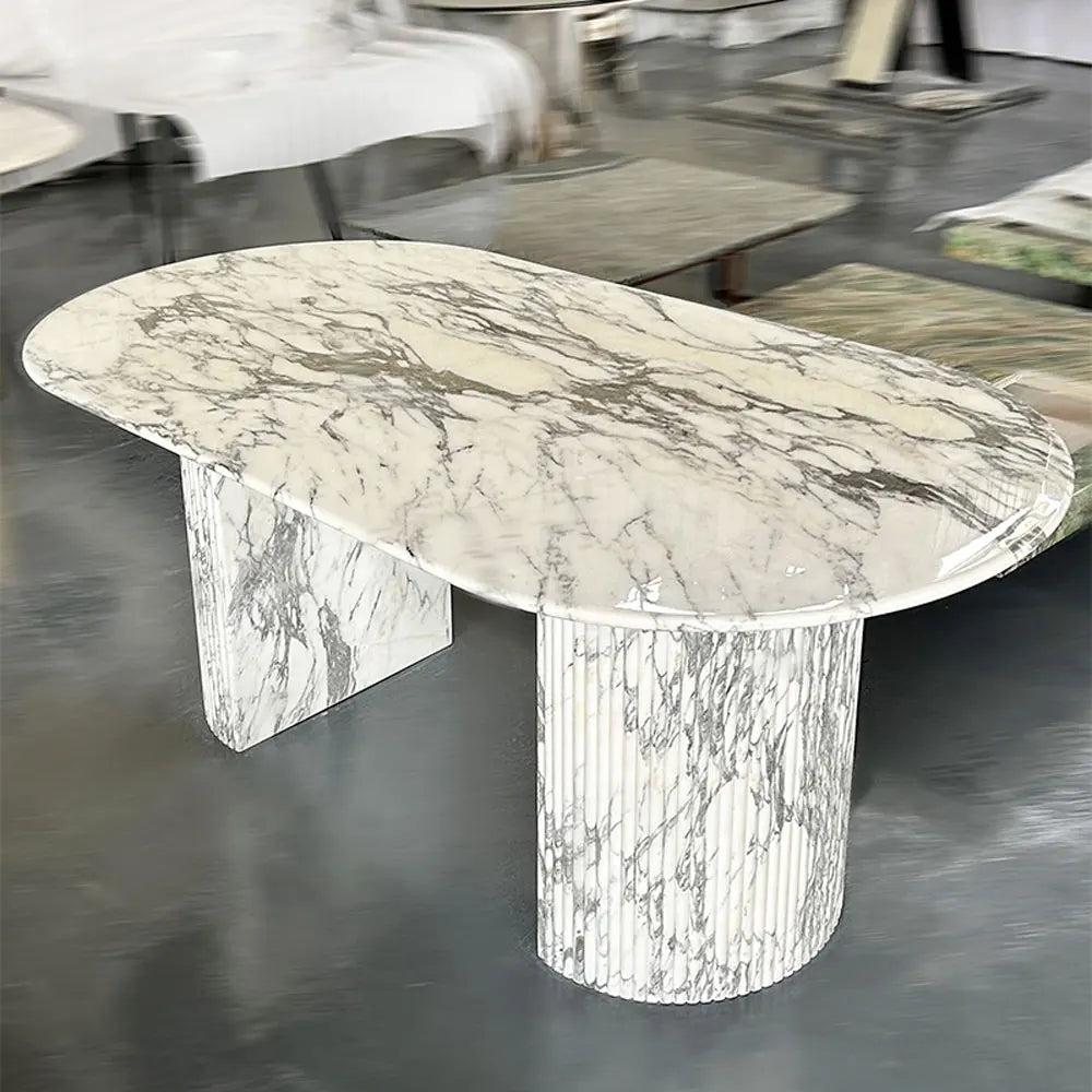 Luxury White Polished Finish Marble Dining Table Set - 6 Piece Modern Kitchen Furniture for Dining Room, Perfect for Family Gatherings & Dinner Parties