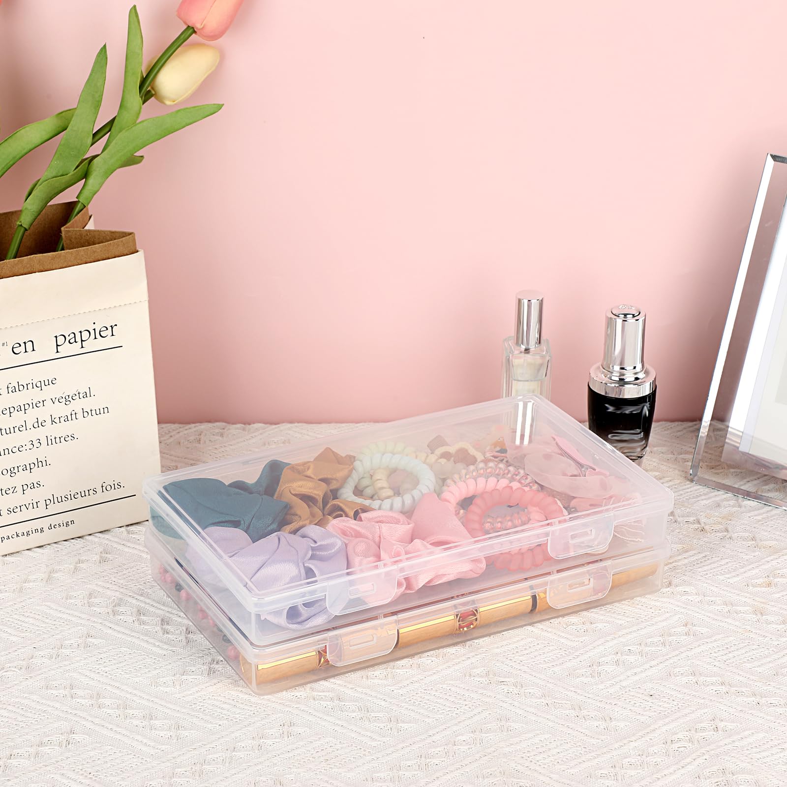 BTSKY 4-Pack Clear Plastic Storage Box with Flap Lid - Medium & Small Organizer for Crafts, Art Supplies, Sewing, Beads, Pencils & Sticky Notes | Perfect for Home, Office & Classroom Organization