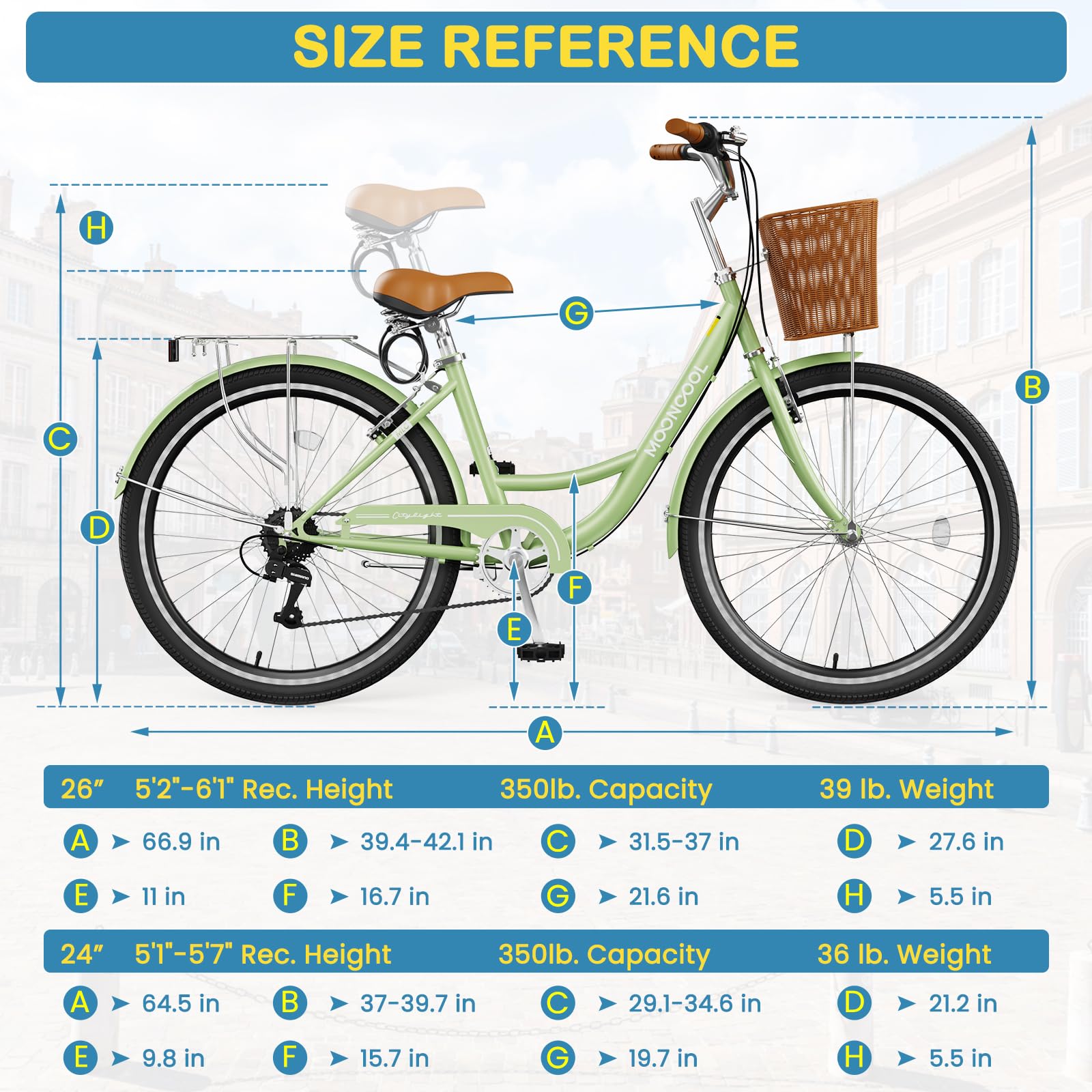 NAIZEA 7-Speed Women's Beach Cruiser Bike - 24 & 26 Inch Step-Through City Bicycle with Rattan Basket & Rear Rack - Comfortable Commuter Bike for Adult Women - Perfect for Beach Rides, City Commuting & Leisure Cycling
