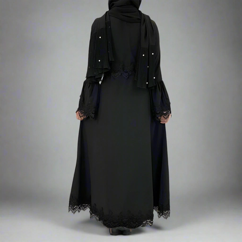Elegant Black Lace Abaya Dress for Muslim Women - Modest Islamic Prayer Dress for Mosque, Wedding & Special Occasions